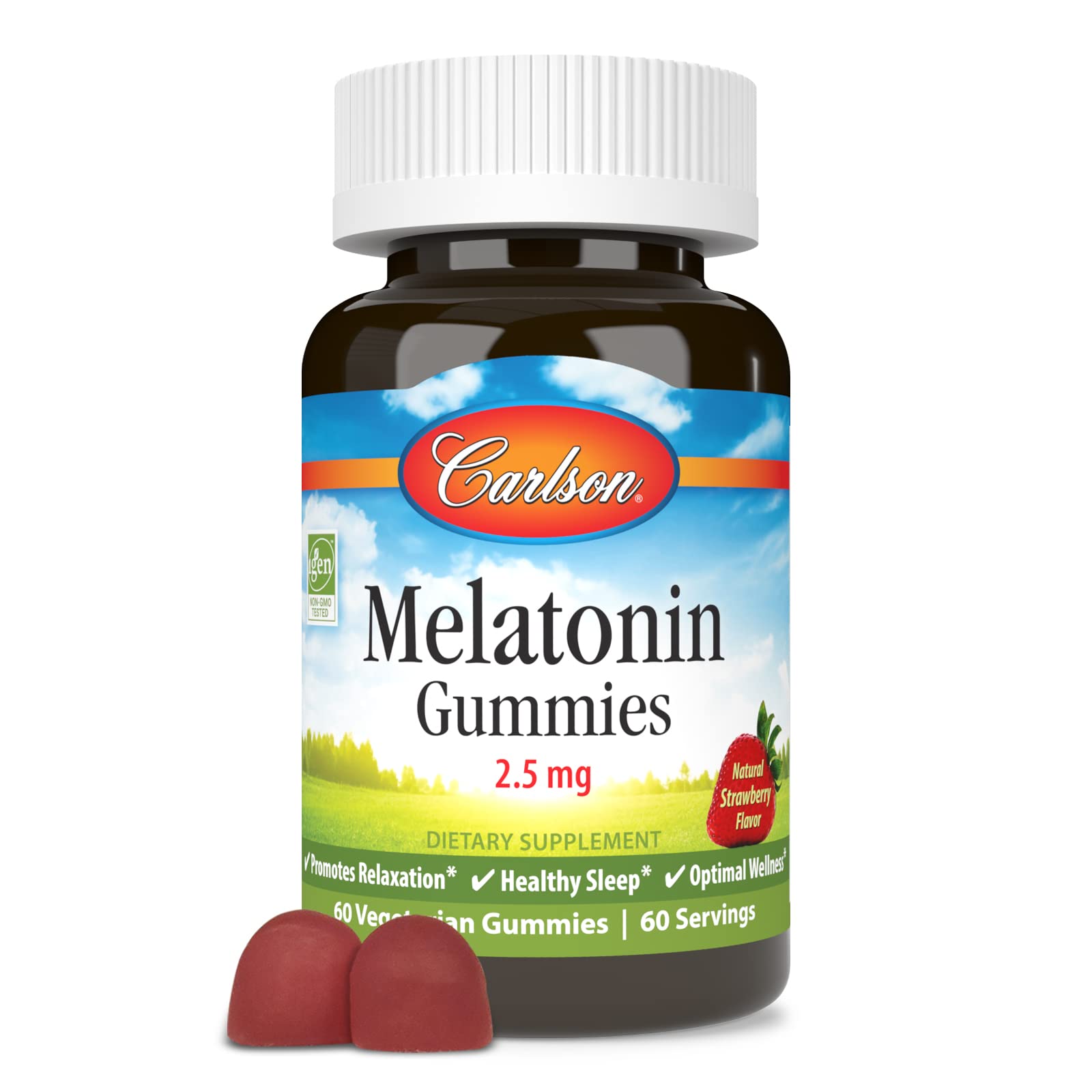 Carlson gominolas melatonina, botella frontal, favorecen un descanso suave.