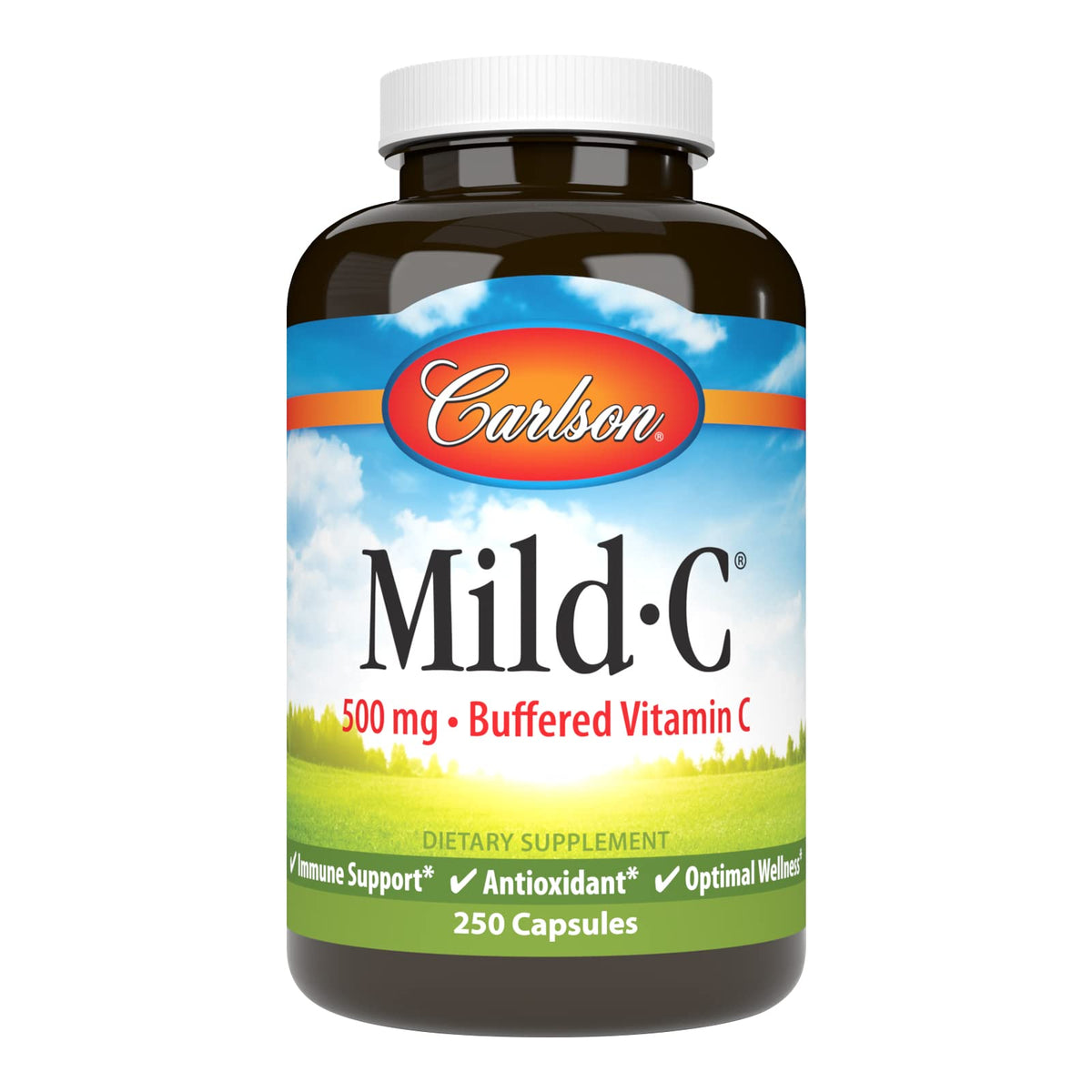 Carlson Mild-C 500 mg, botella y cápsulas, apoyo diario de vitamina C para bienestar.