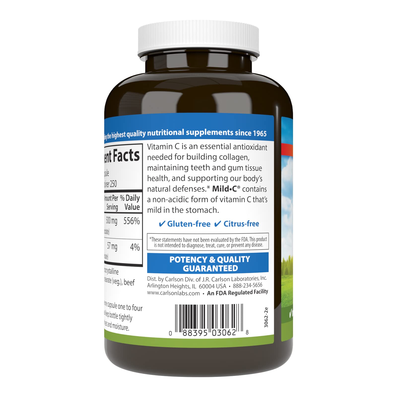 Carlson Mild-C 500 mg, cápsulas fáciles de tragar para uso diario.