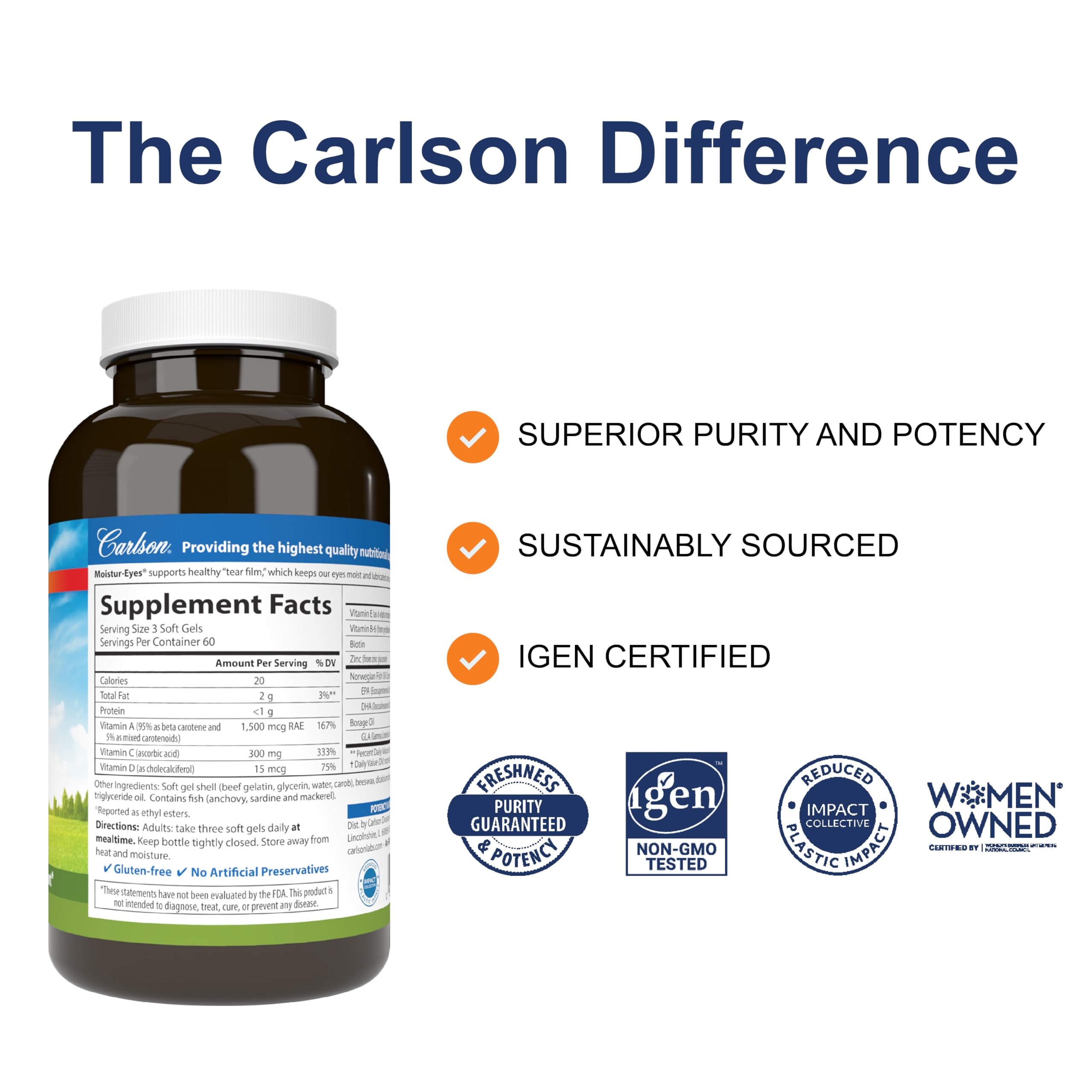 Carlson Moistur-eyes, etiqueta detallada con información del producto.