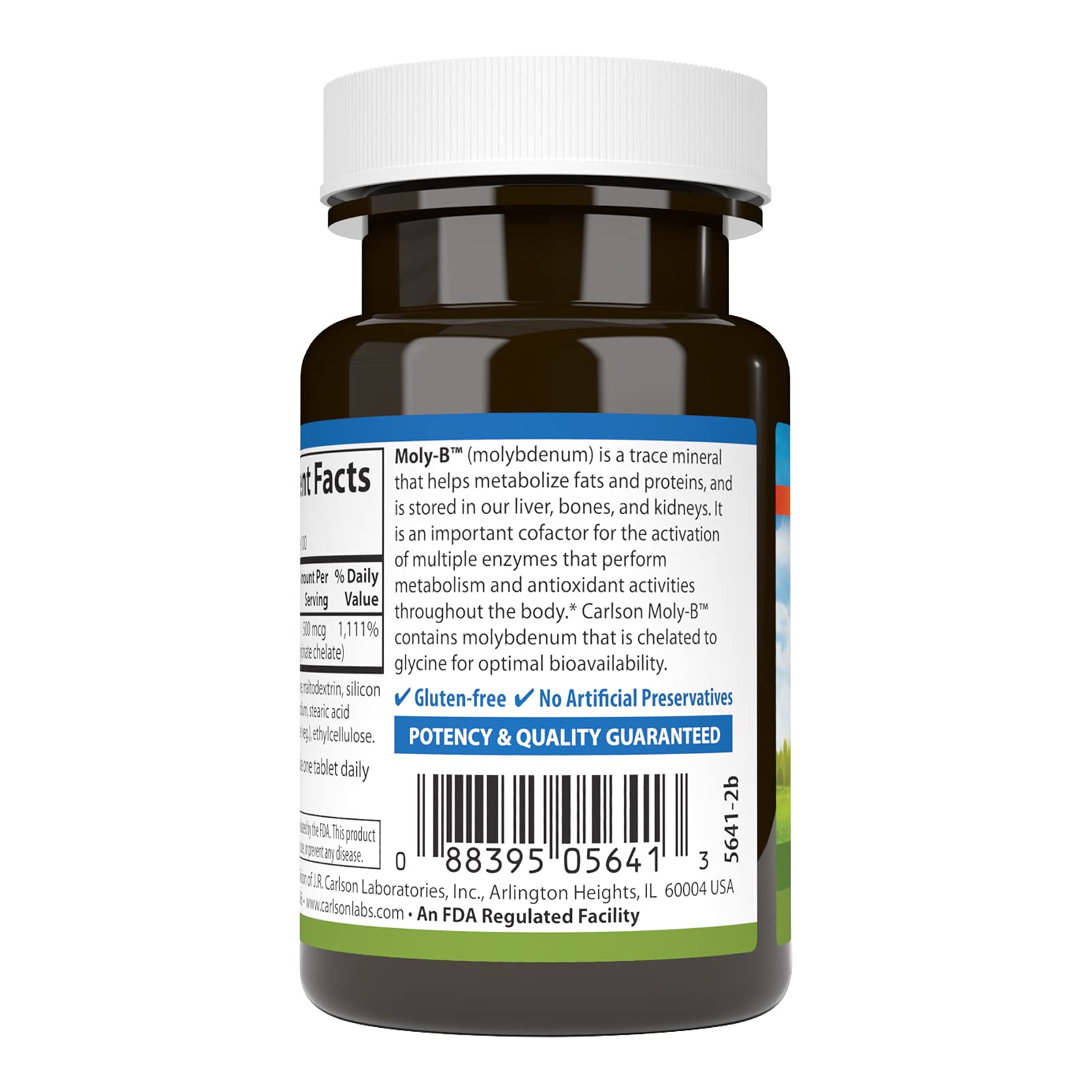 Carlson Moly-B: composición mineral destacando molibdeno para funciones metabólicas.