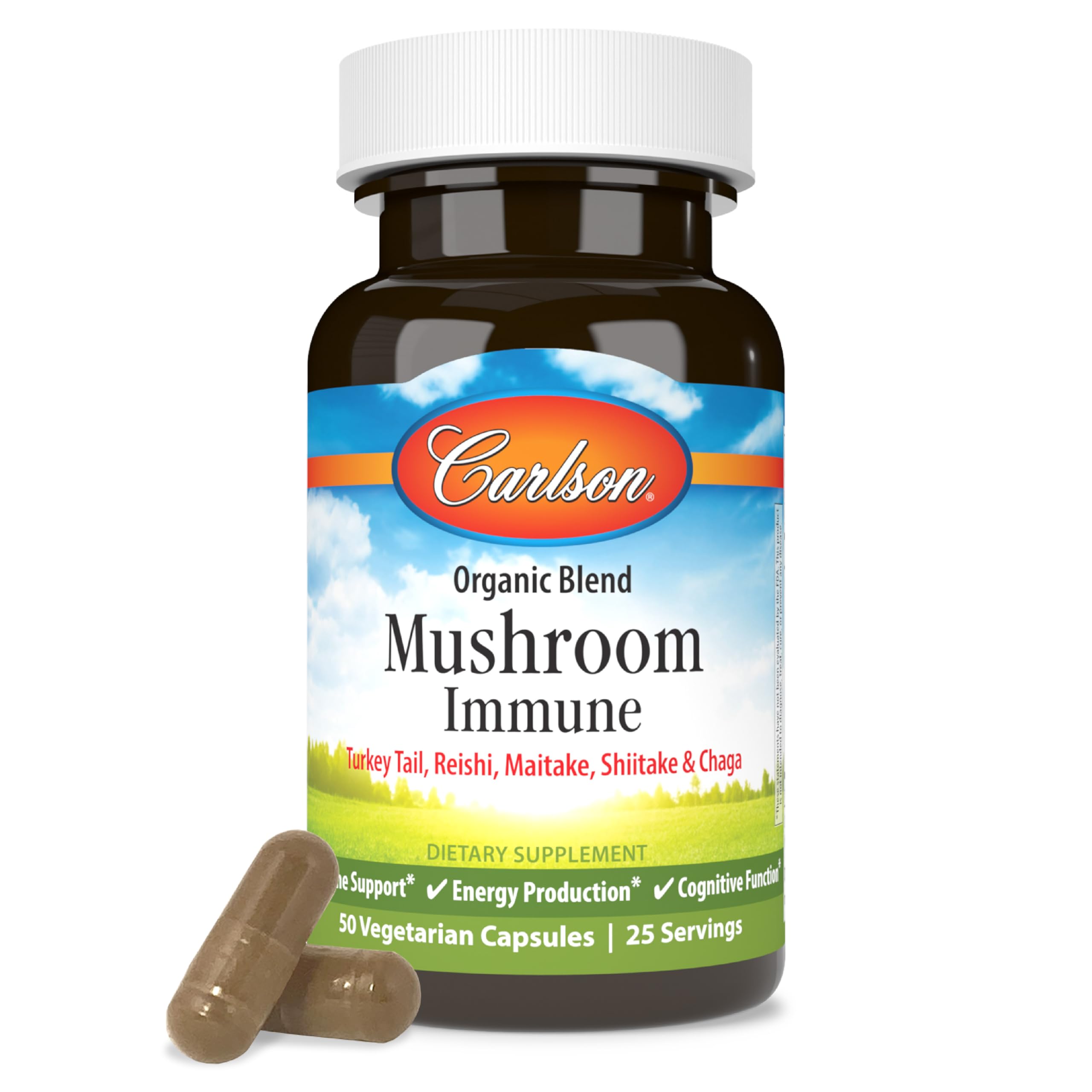 Carlson Mushroom Complex: frasco con cápsulas para apoyo a la energía diaria.