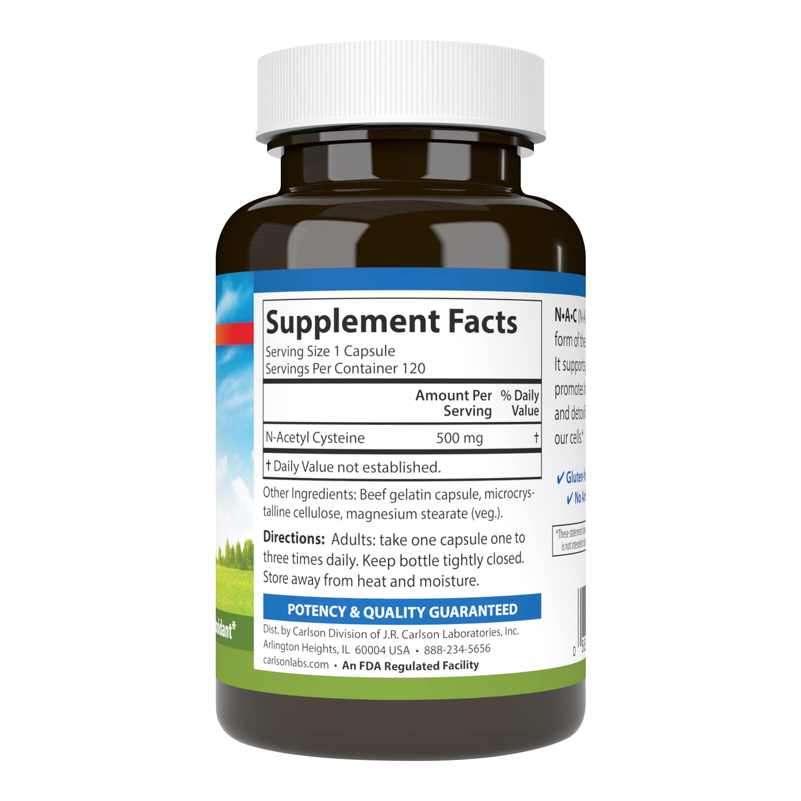 Carlson NAC 500 mg cápsulas en mano, conveniente para apoyo inmunitario diario.
