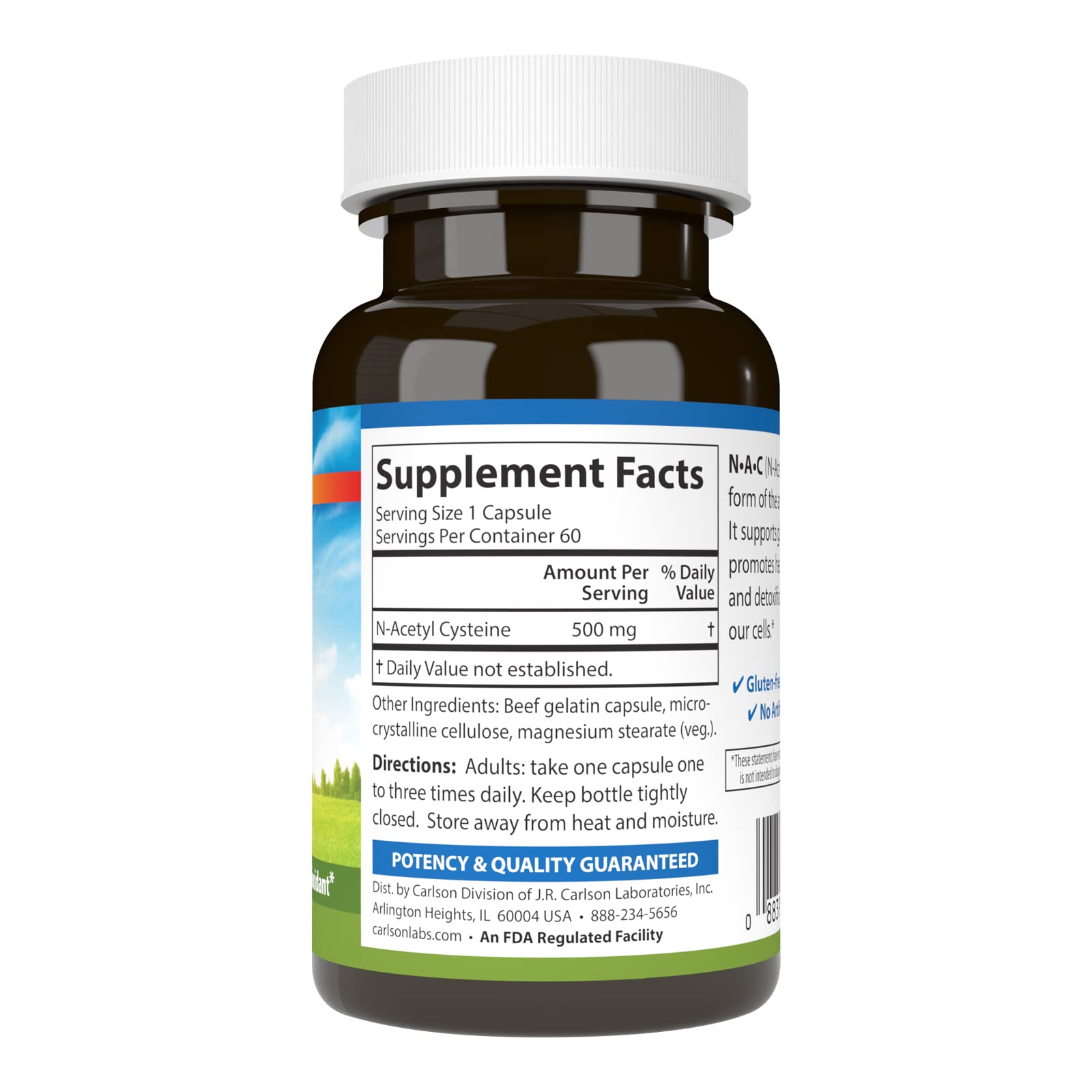 Carlson NAC 500 mg cápsulas etiqueta, muestra ingredientes clave para una elección informada.