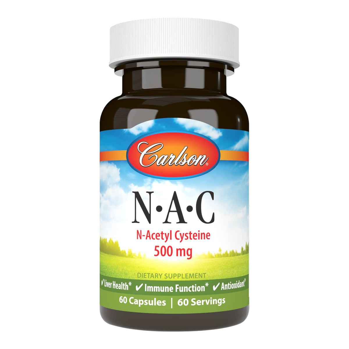 Carlson NAC 500 mg cápsulas frente al envase, posible apoyo al bienestar diario.