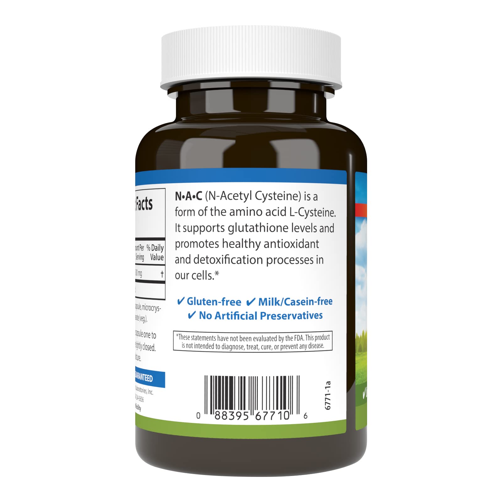 Etiqueta clara Carlson NAC 500 mg, muestra dosis y uso recomendado para bienestar.