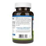 Etiqueta clara Carlson NAC 500 mg, muestra dosis y uso recomendado para bienestar.