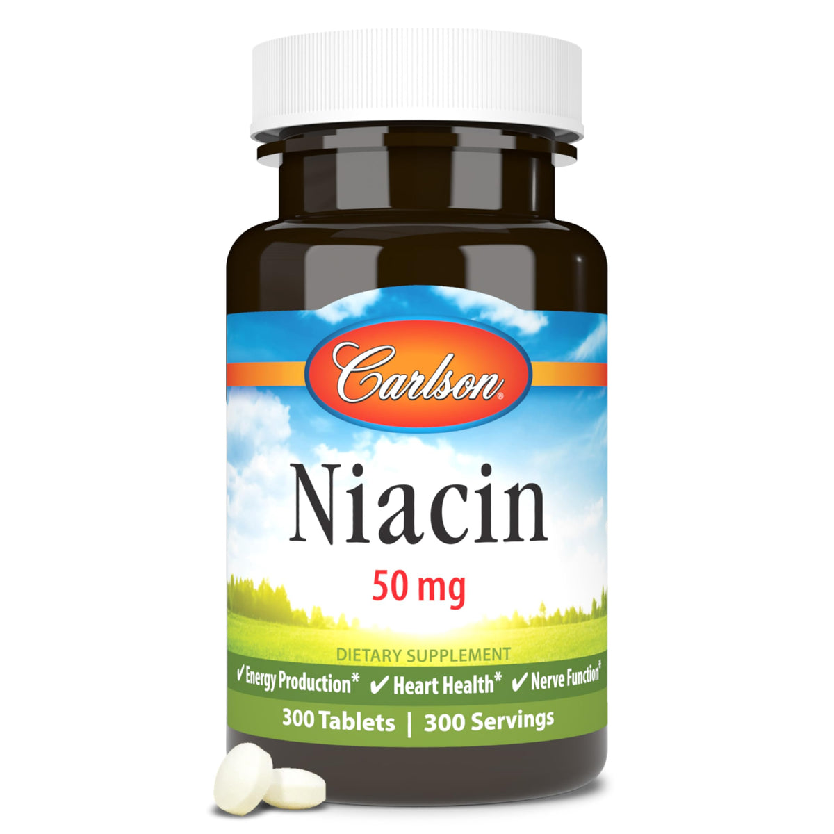 Carlson Niacin 50 mg: comprimidos en botella para energía diaria