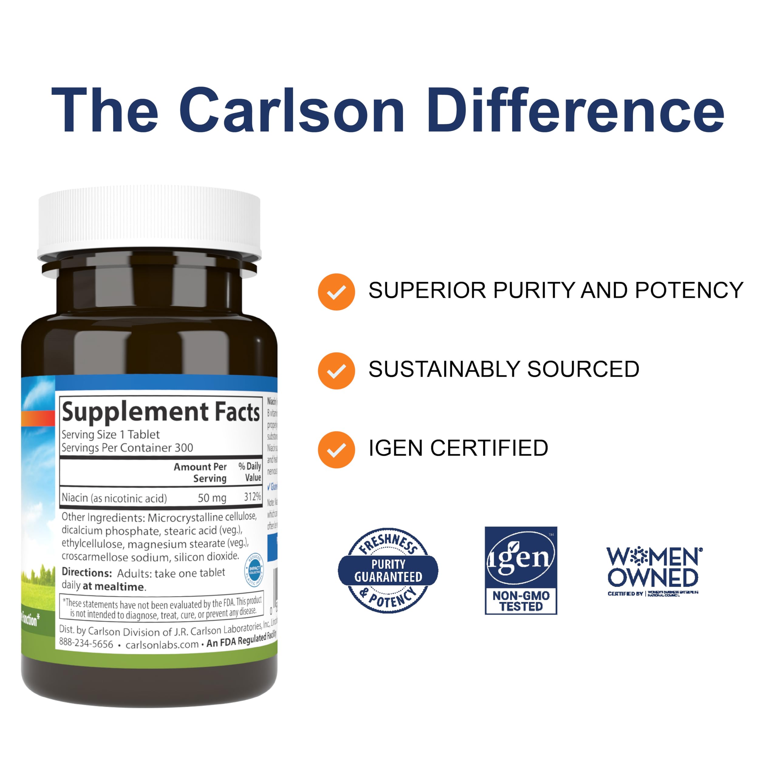 Carlson Niacin 50 mg: etiqueta clara para identificar la dosis
