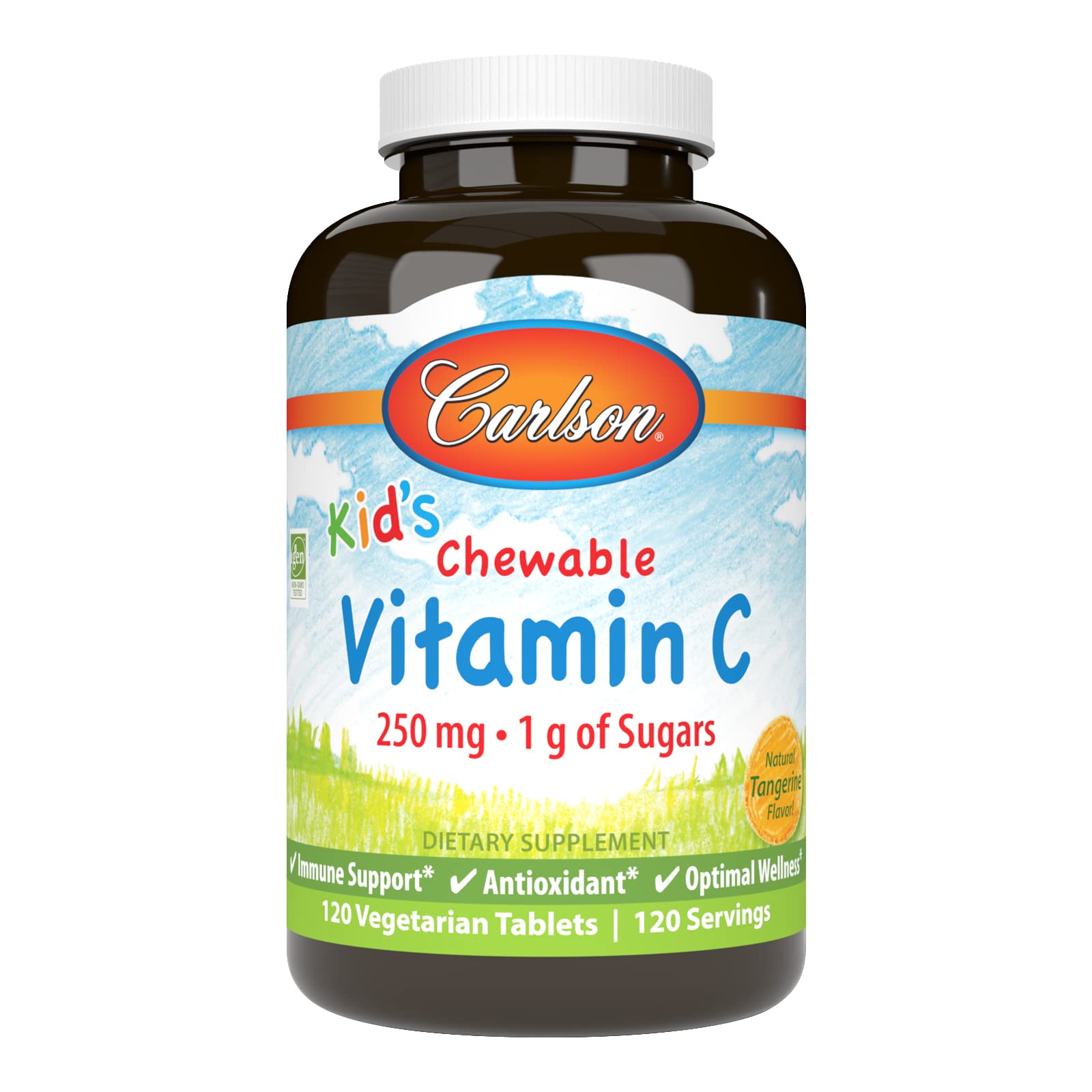 Carlson para niños Vitamina C masticable mandarina, uso diario y apoyo al sistema inmunitario