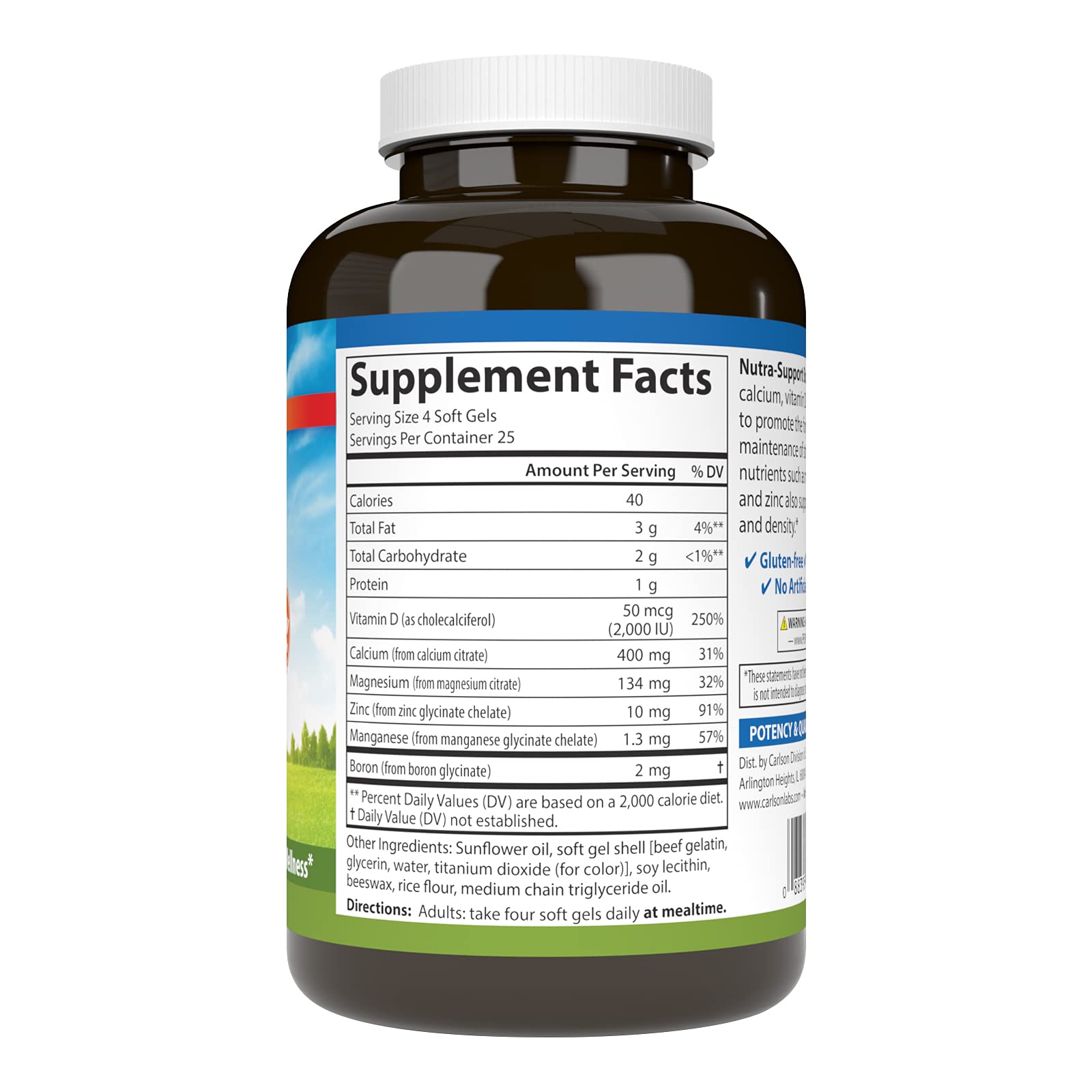 Carlson Nutra-Support calcio 400mg: apoyo potencial para la función muscular y huesos.