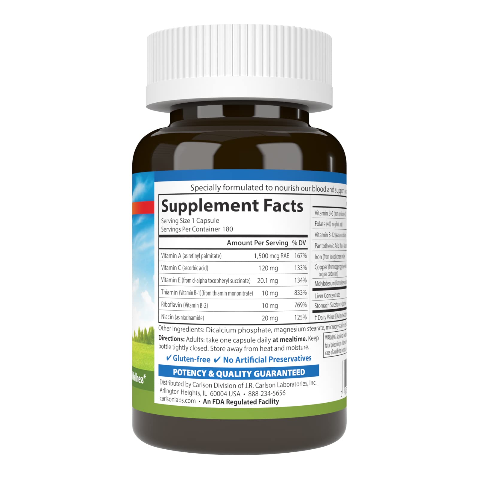 Carlson nutrientes-sangre-capsulas, vista cercana para respaldo diario.