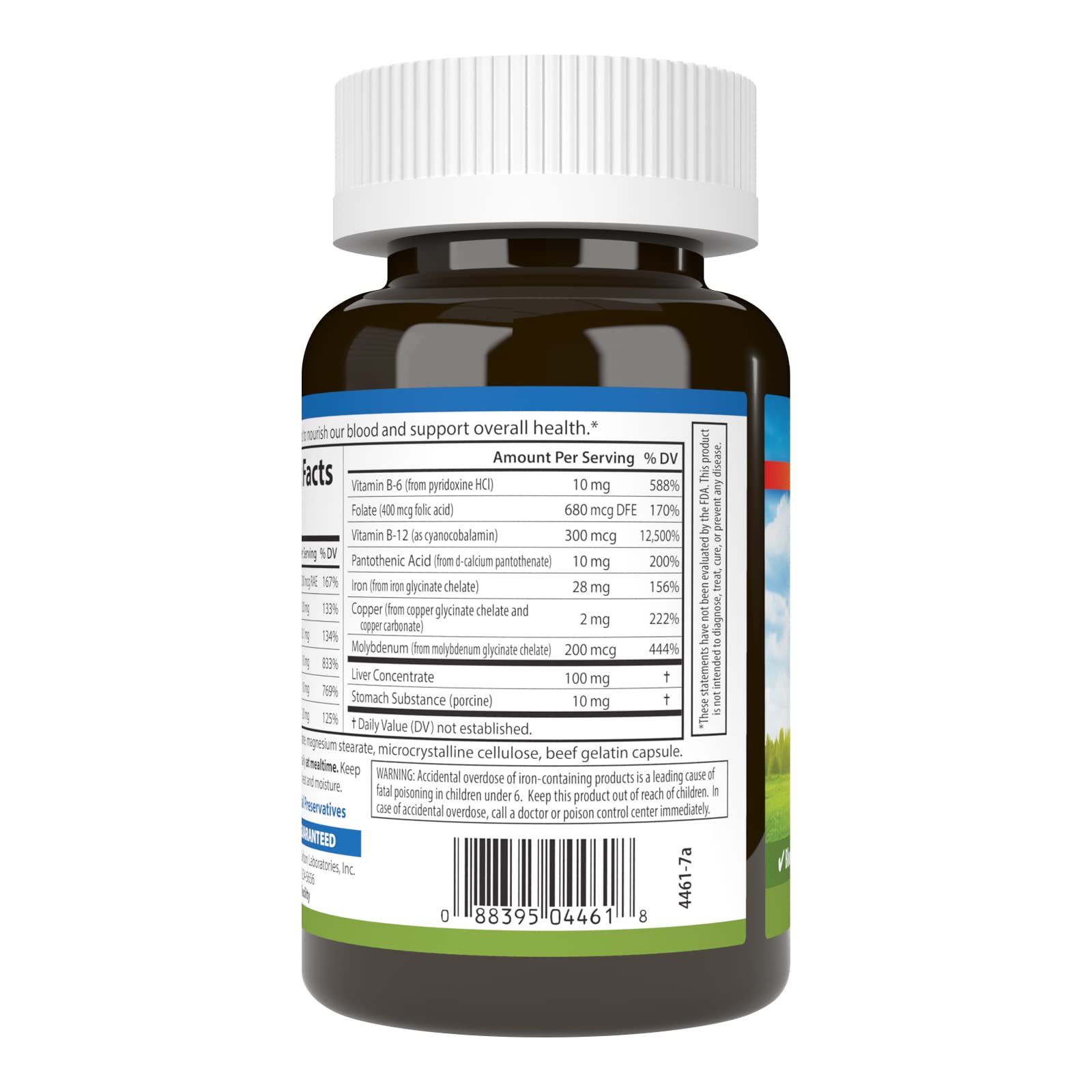 Carlson nutrientes-sangre-etiqueta, información de nutrientes clave.
