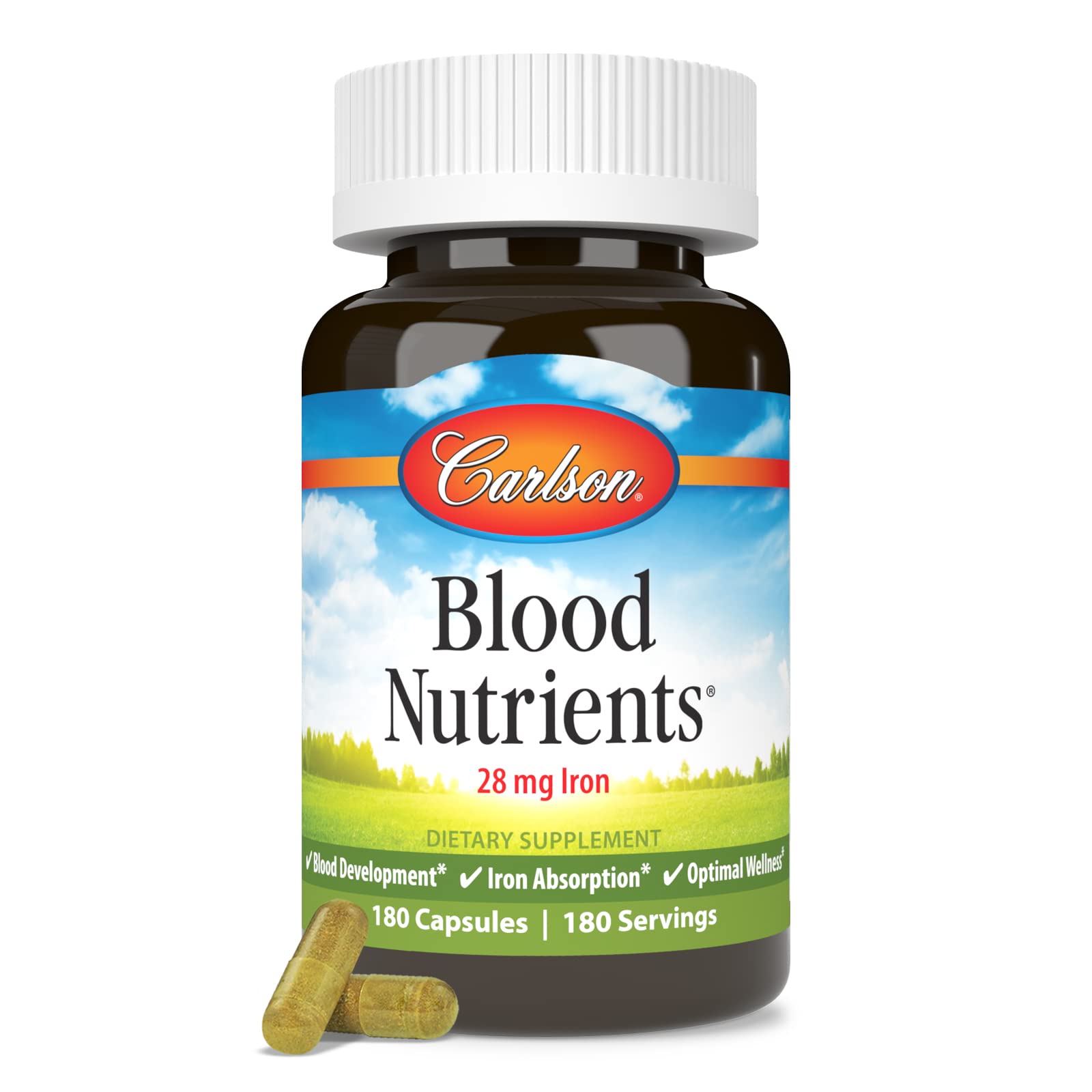 Carlson nutrientes-sangre-tomando-capsulas, persona tomando para bienestar diario.