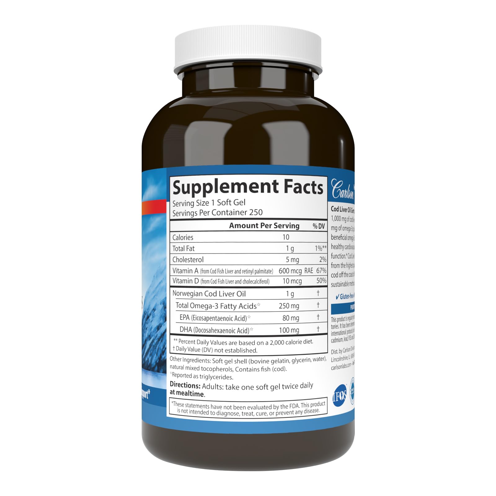 carlson omega-3 250 mg, aporte diario de grasas saludables.