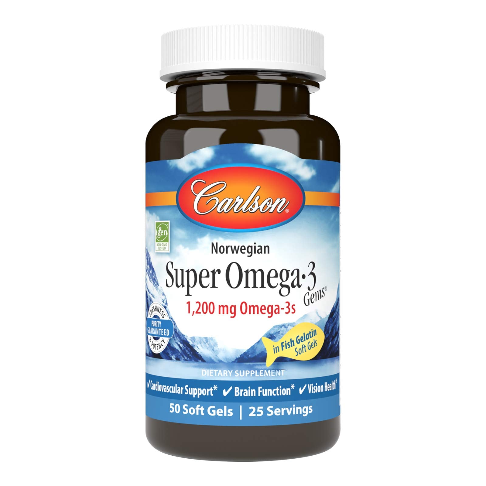 Carlson Omega-3 Gemas: botella para uso diario y apoyo cardiovascular.