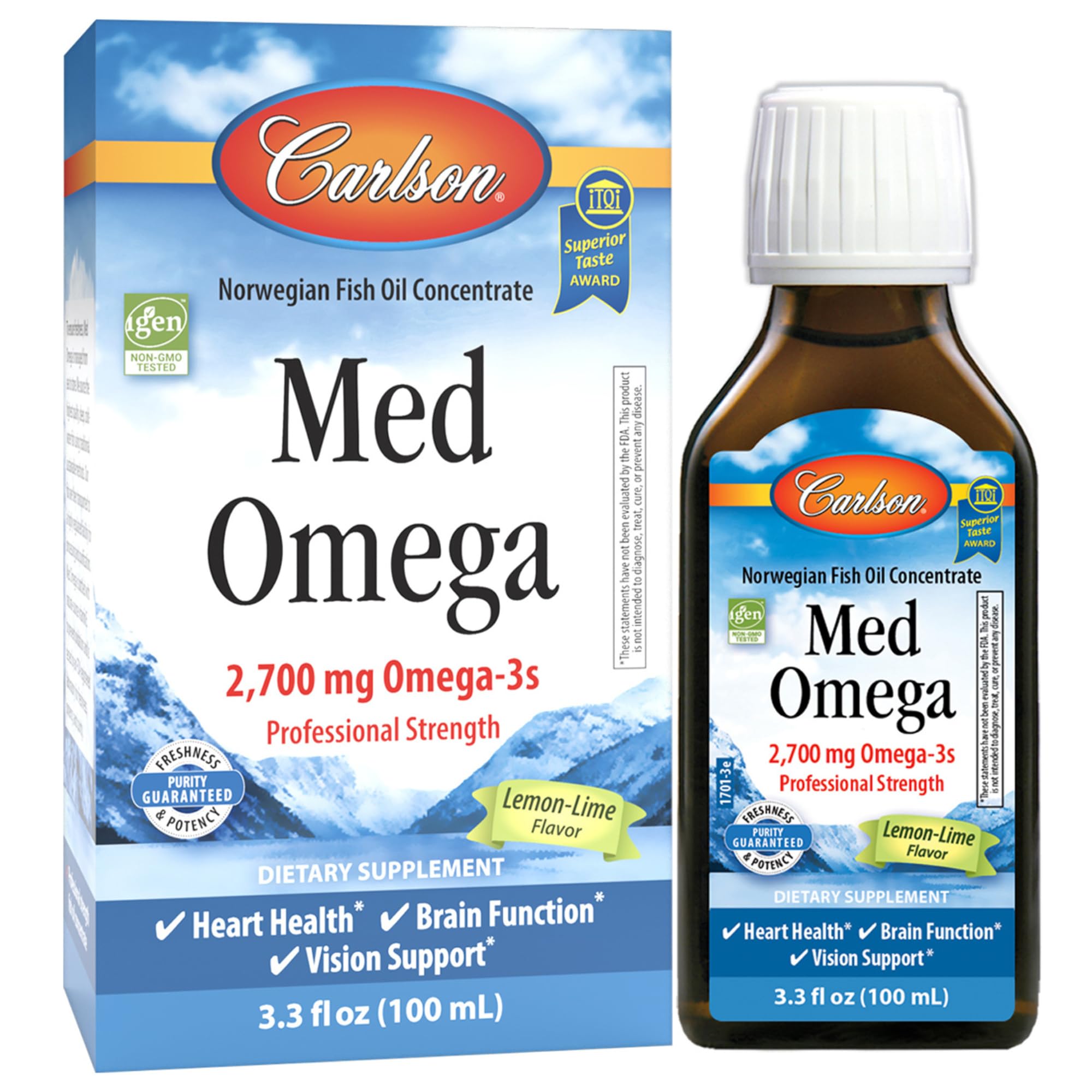 Carlson Omega Limón-Lima, botella 100 mL, sabor cítrico suave para uso diario