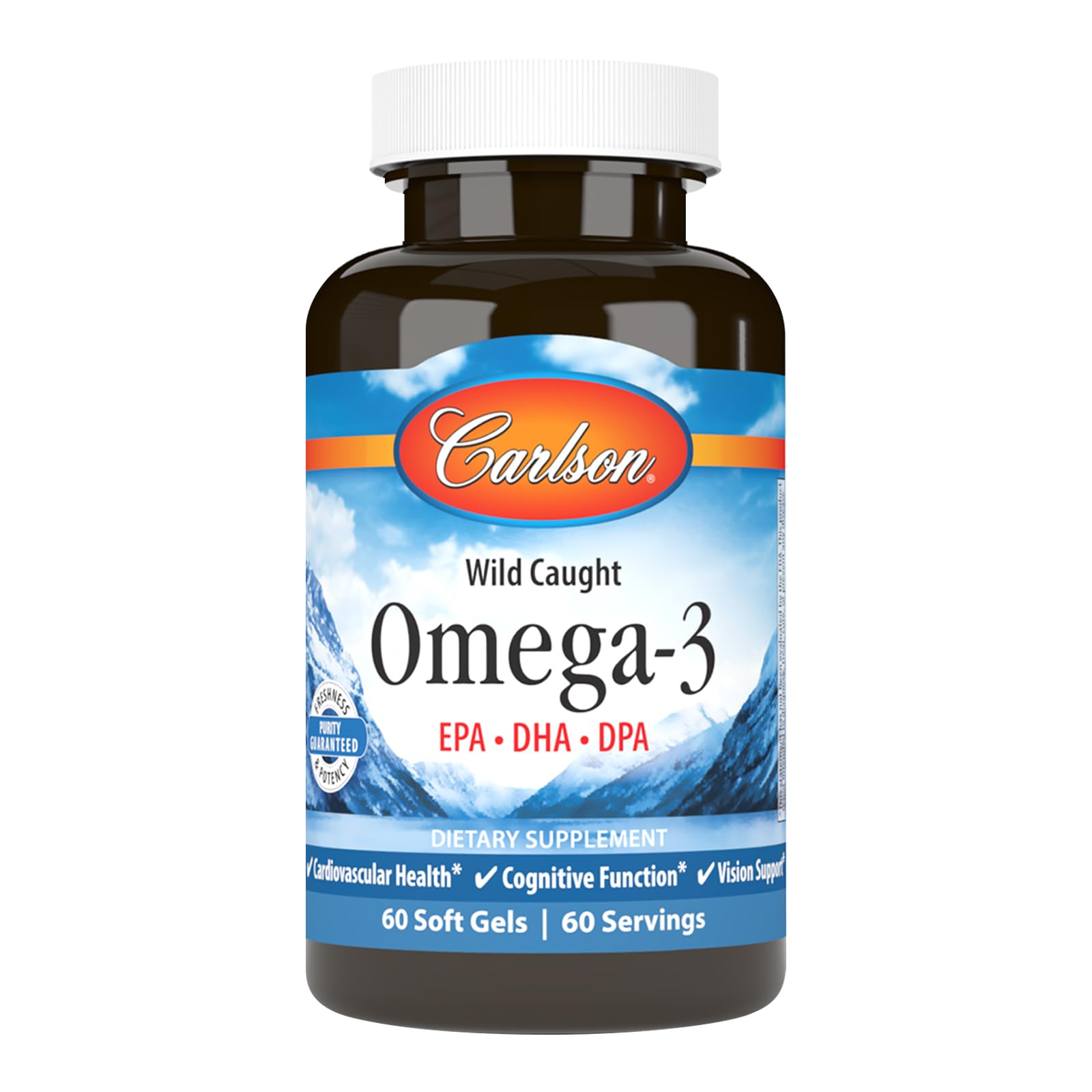 Carlson Omega-3, botella de cápsulas, dosis diaria conveniente.