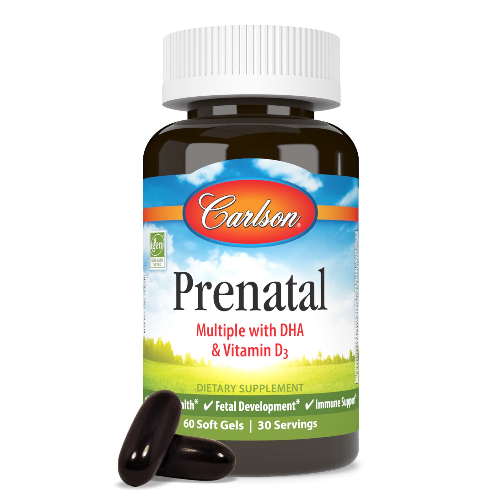 Carlson Prenatal con DHA y D3, botella a la vista para apoyo nutricional.