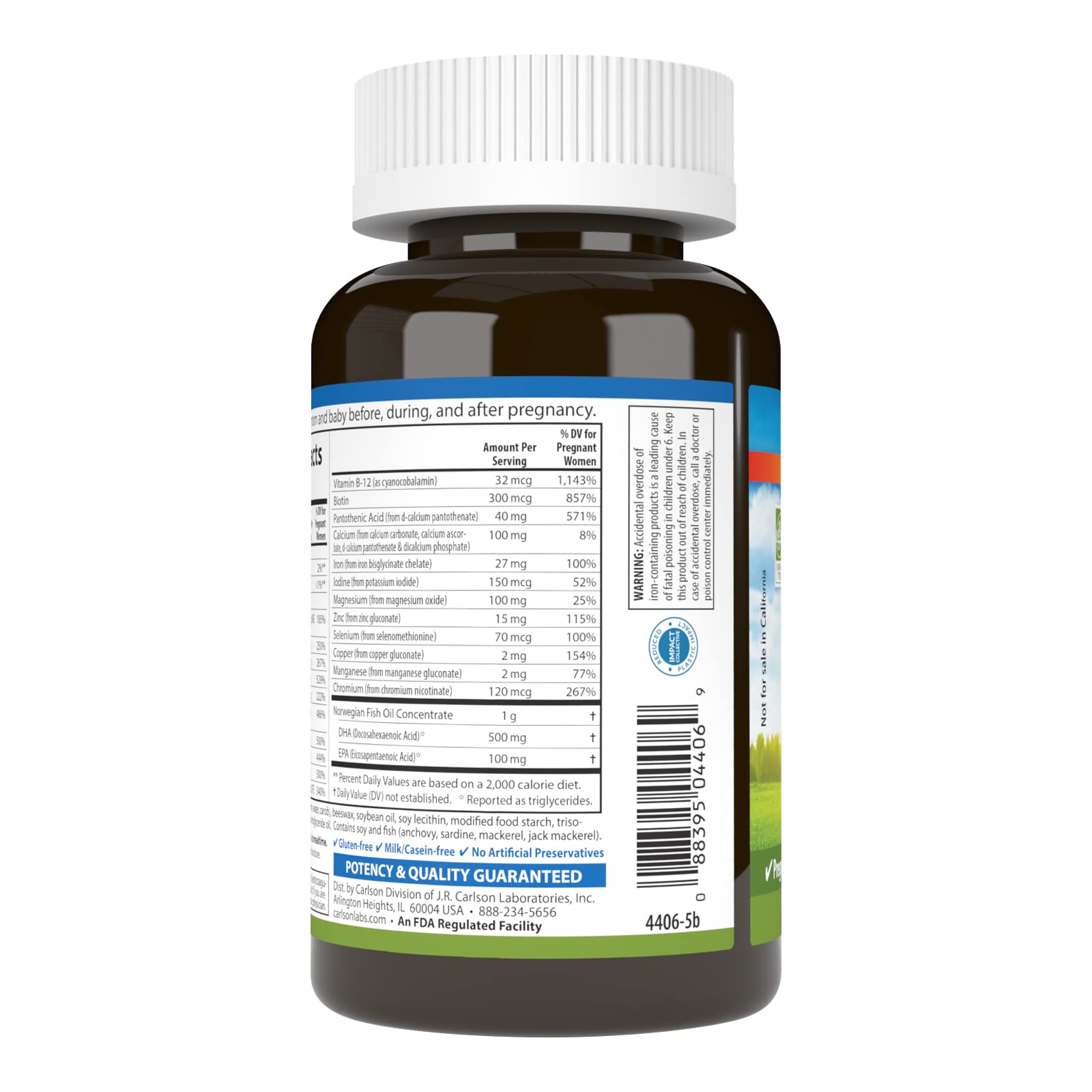 Carlson Prenatal, etiqueta frontal legible destacando DHA y D3.