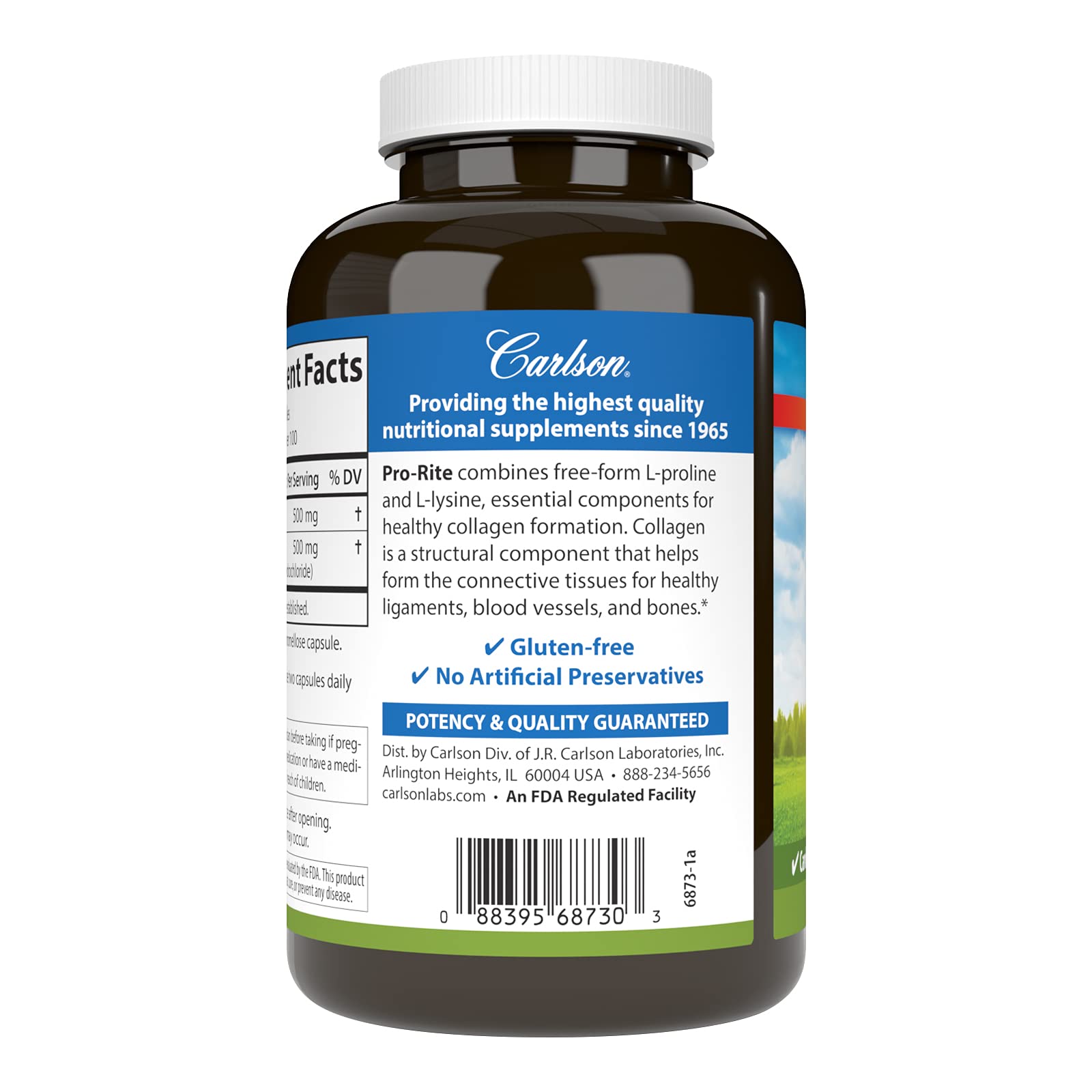 Carlson Pro-Rite composición de aminoácidos L-lisina y L-prolina para soporte estructural.