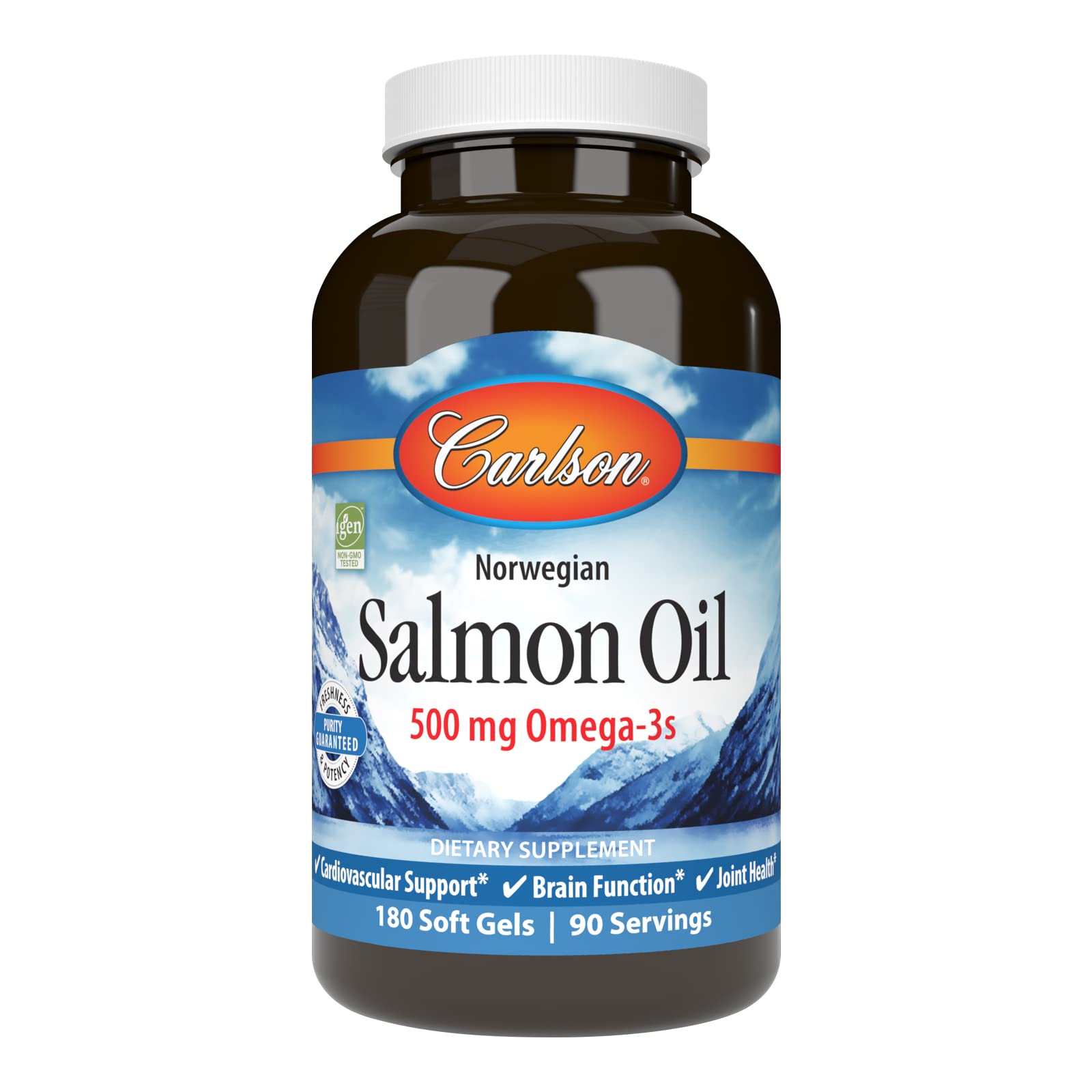 Carlson Salmon Oil botella con cápsulas para apoyo diario de omega-3