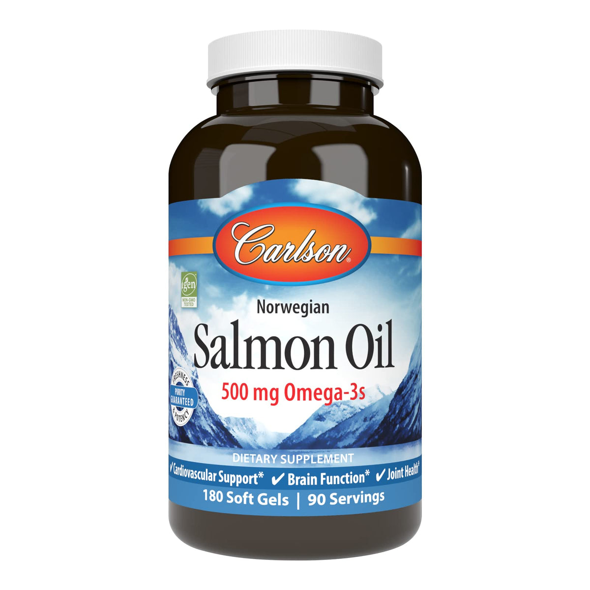 Carlson Salmon Oil botella con cápsulas para apoyo diario de omega-3