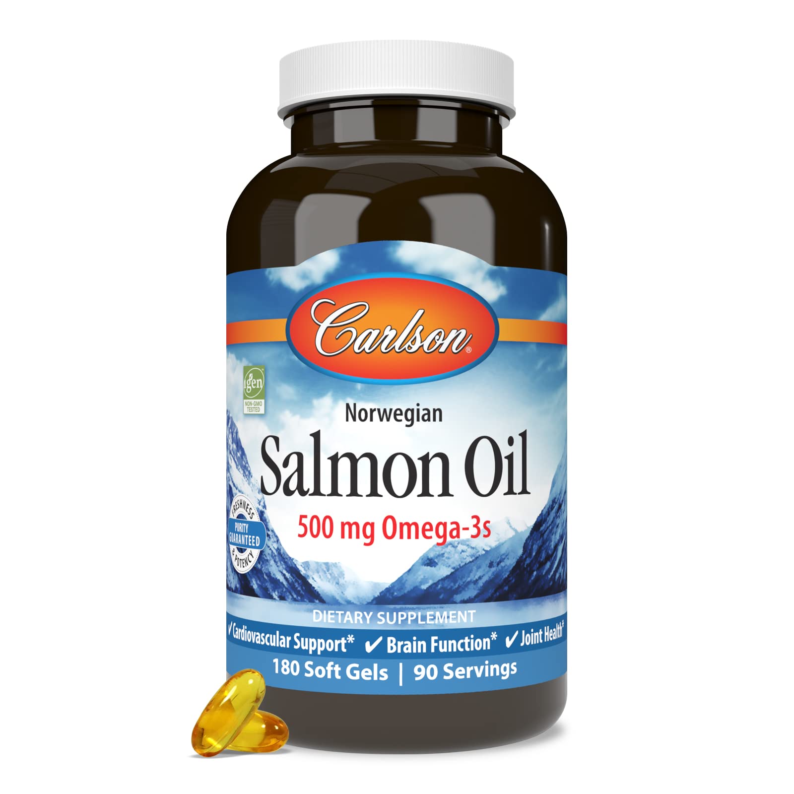 Carlson Salmon Oil frasco frontal, presentación premium y frescura garantizada