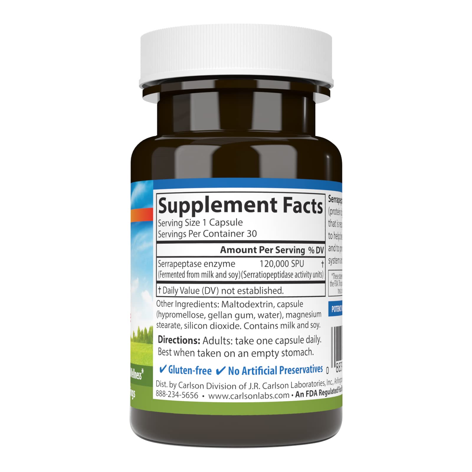 Carlson Serrapeptase, cápsulas vegetarianas, fácil consumo diario.