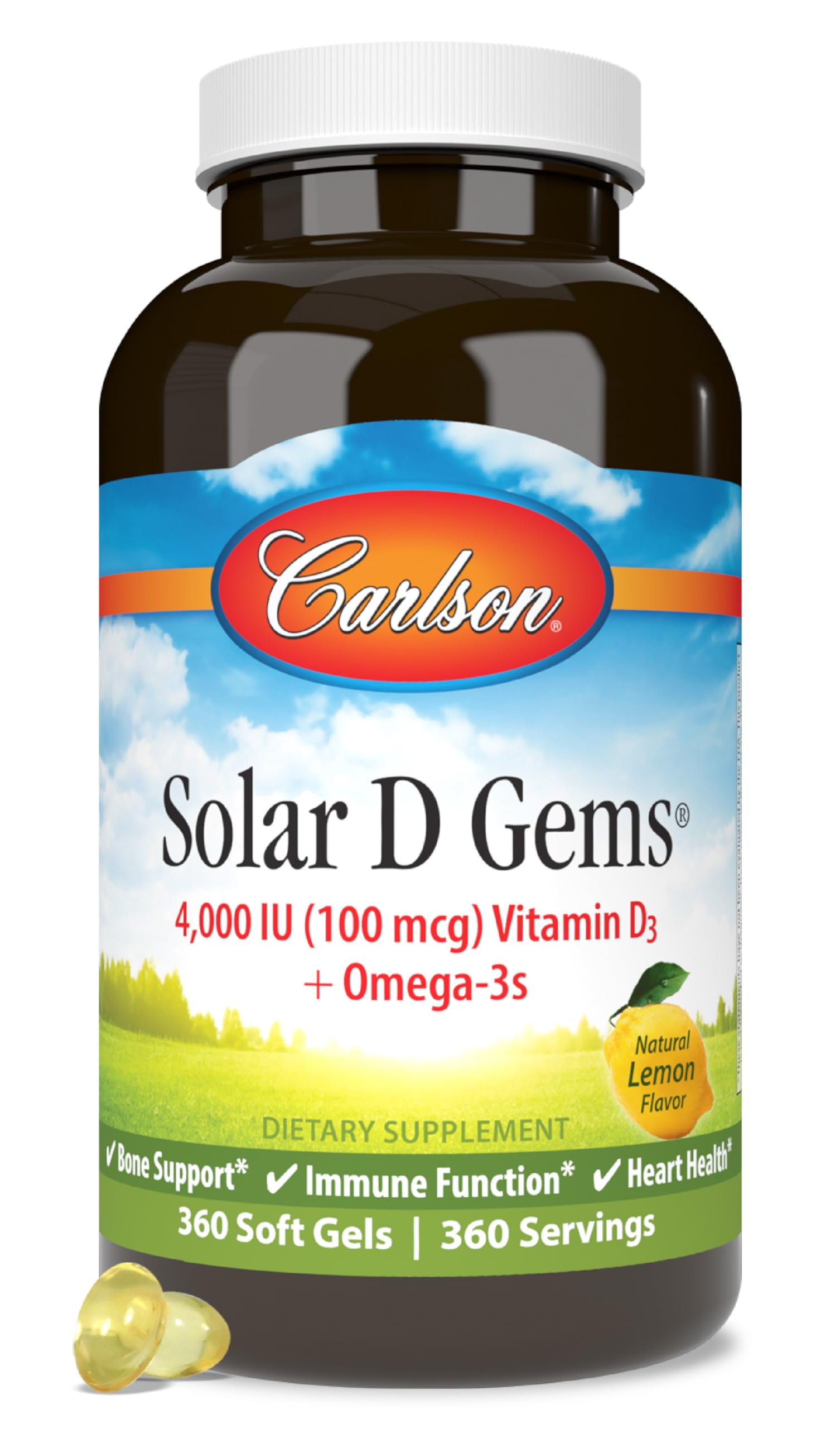 Carlson Solar D Gems botella con D3 y Omega-3 para uso diario