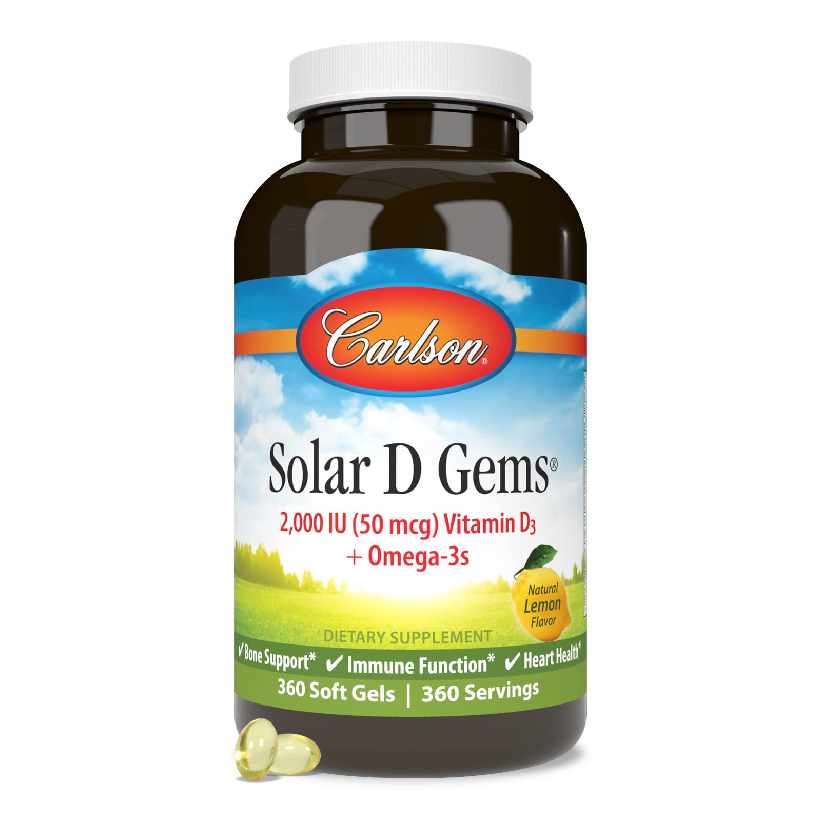 Carlson Solar D Gems cápsulas suaves limón, fácil de tomar.