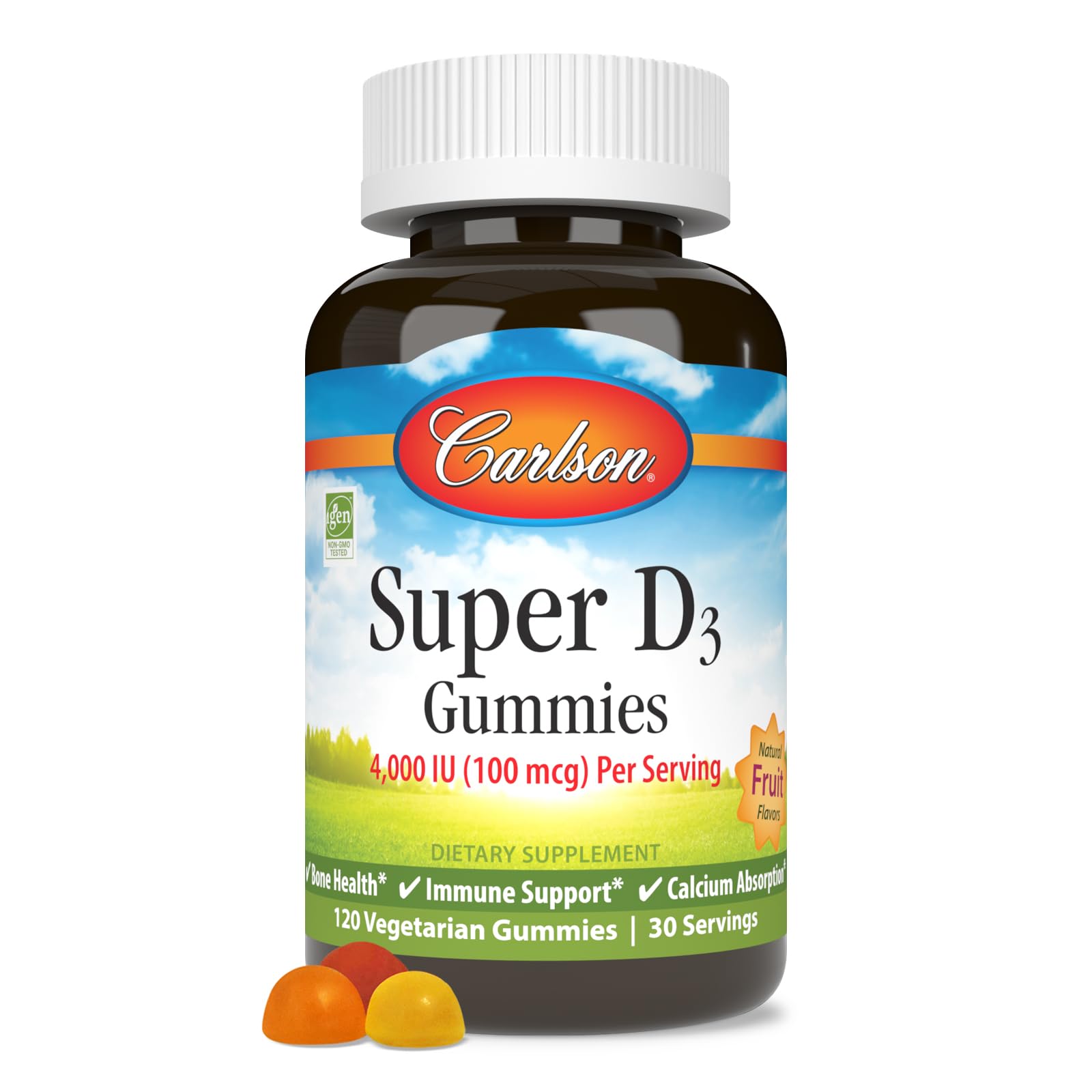 Carlson Super D3 Gummies, botella llena, podría apoyar la salud ósea y la función inmunitaria.