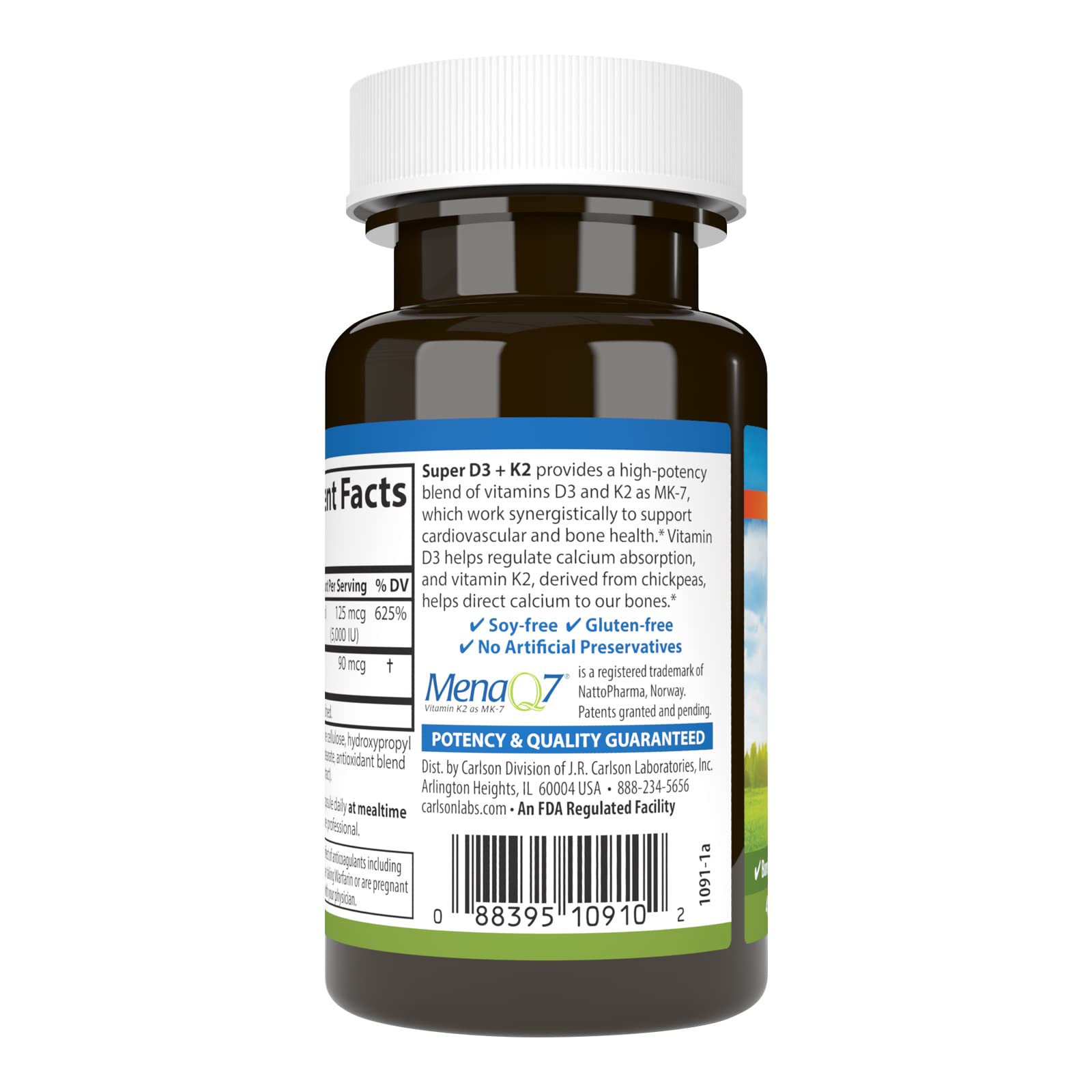 Carlson Super D3 + K2, cápsulas vegetarianas con pruebas de potencia en laboratorio FDA.