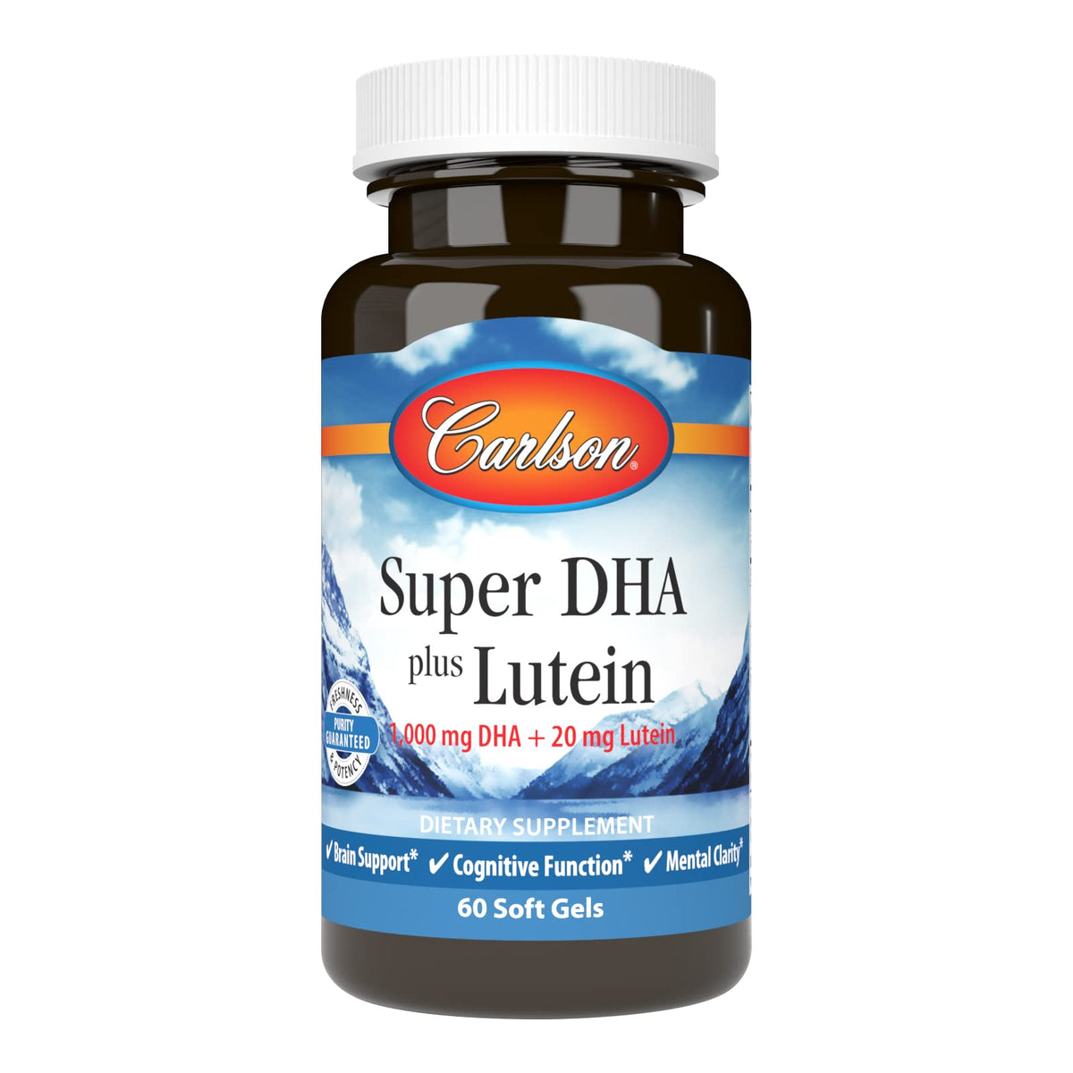 Carlson Super DHA Plus Luteína: botella de cápsulas para apoyo diario de visión y bienestar.