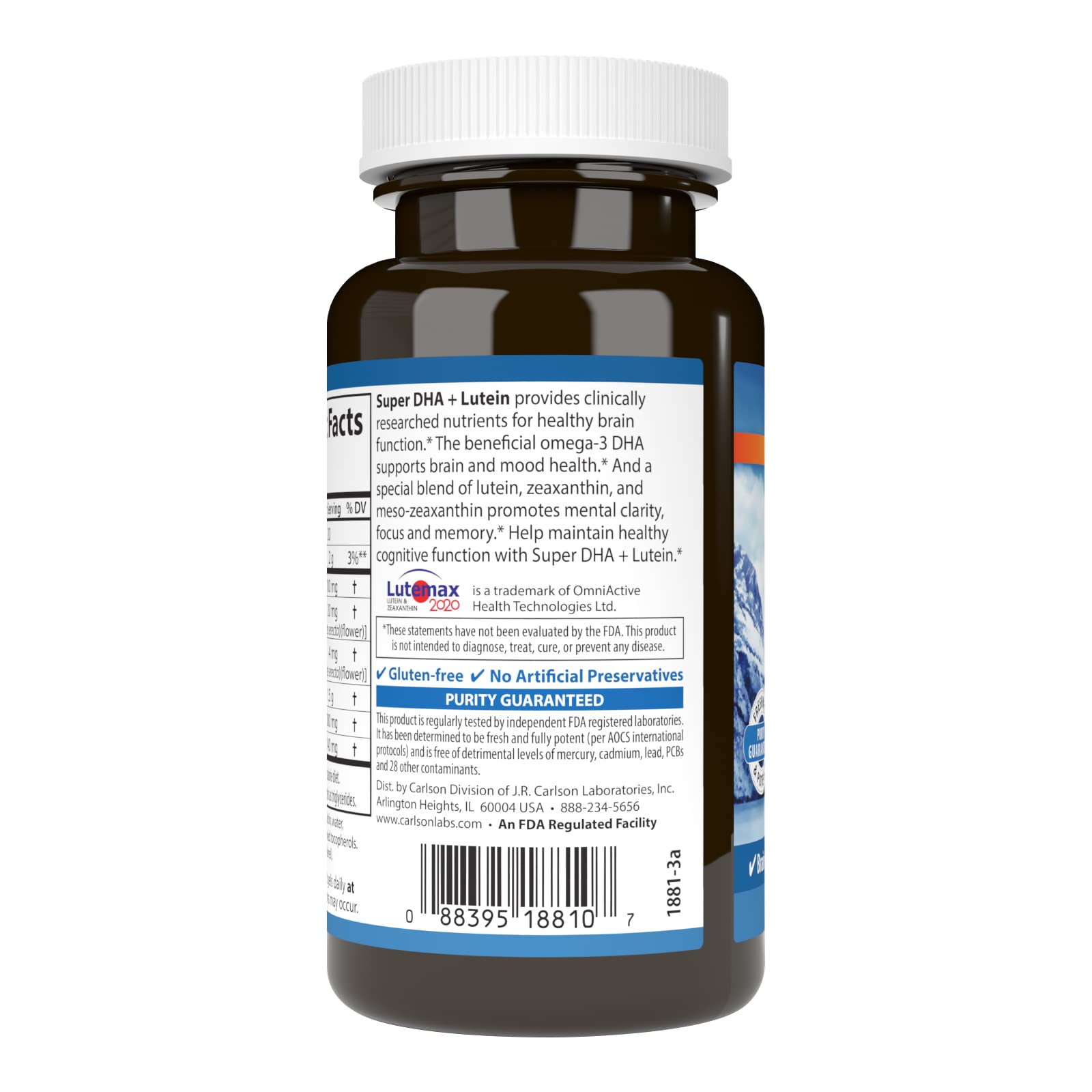 Carlson Super DHA Plus Luteína: etiqueta frontal resalta Lutemax 2021 para transparencia de ingredientes.