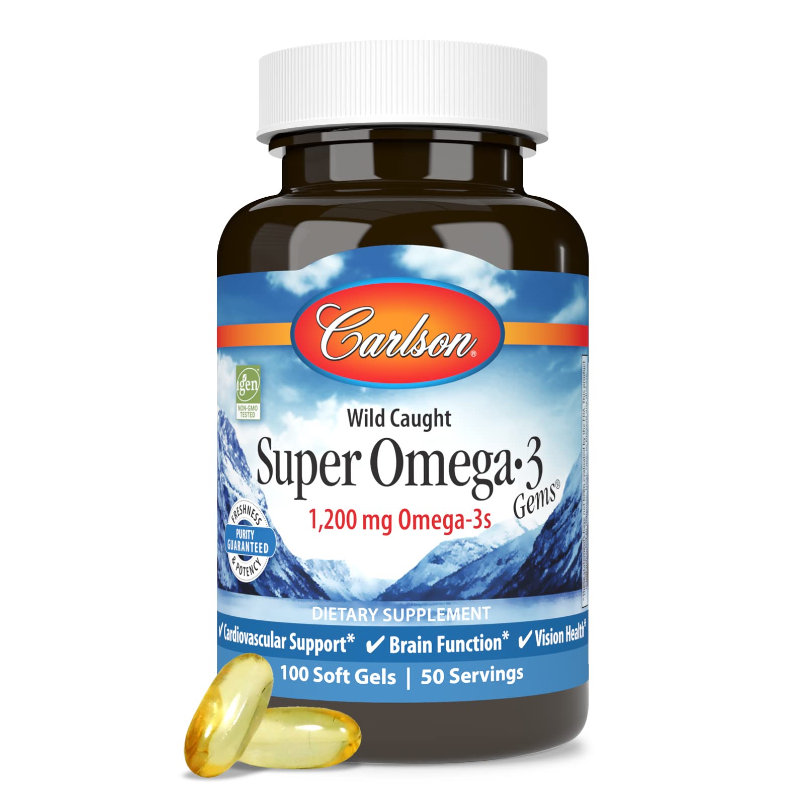 Carlson Super Omega-3 Gems, botella frontal, apoyo potencial para la salud del corazón