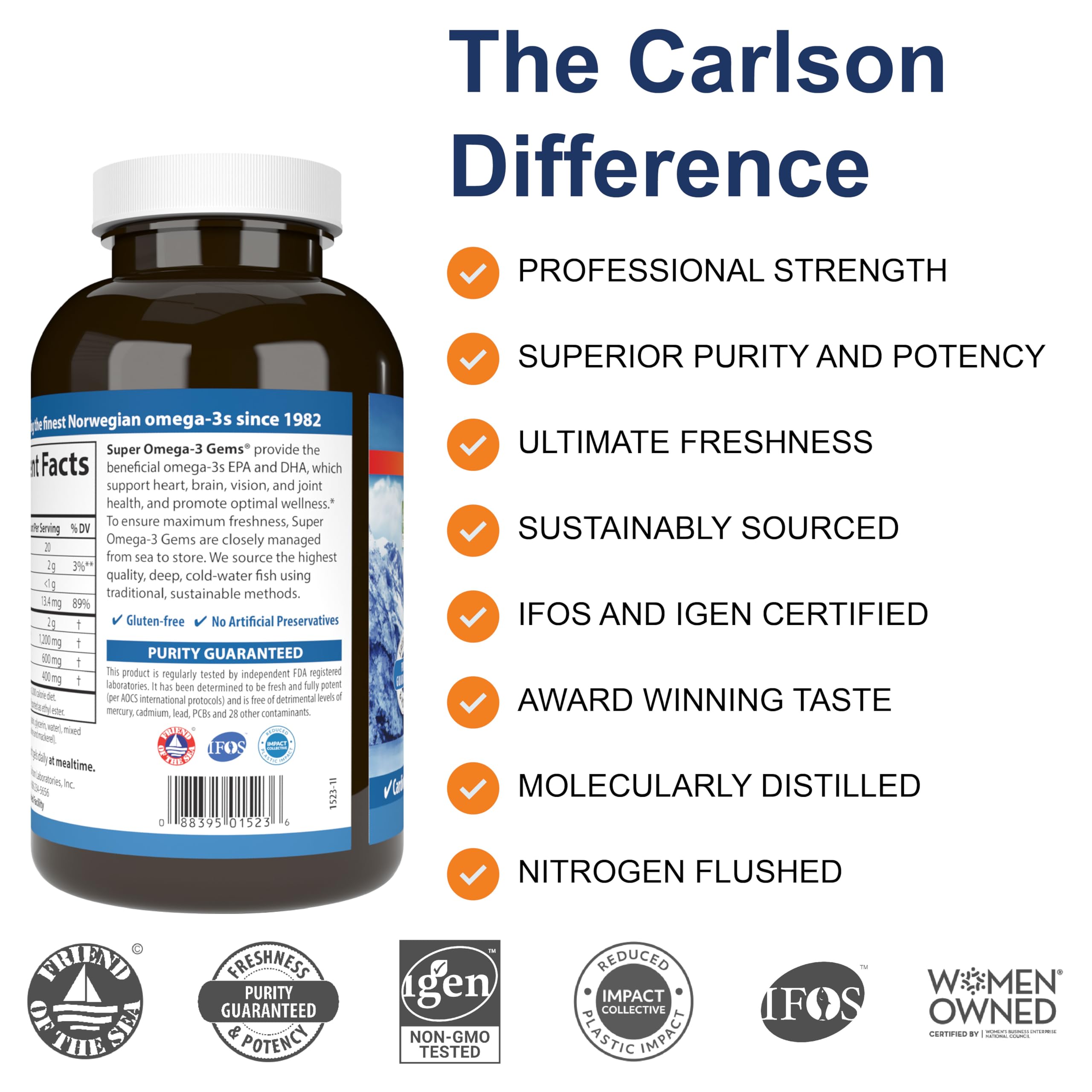 Carlson Super Omega-3 Gems, etiqueta frontal, ayuda potencial para la función cerebral