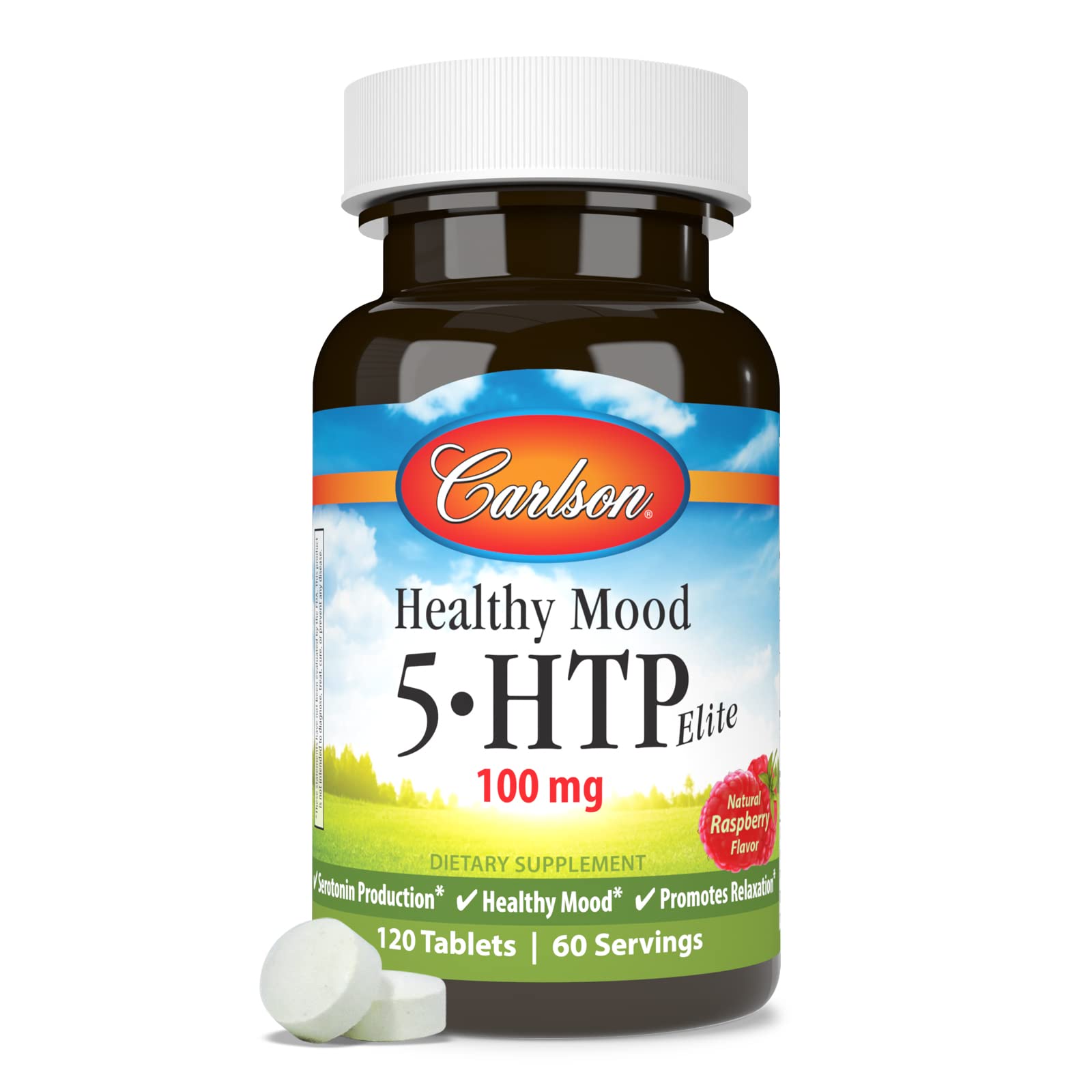 Carlson tabletas 5-HTP Elite, forma conveniente para la dosis diaria.