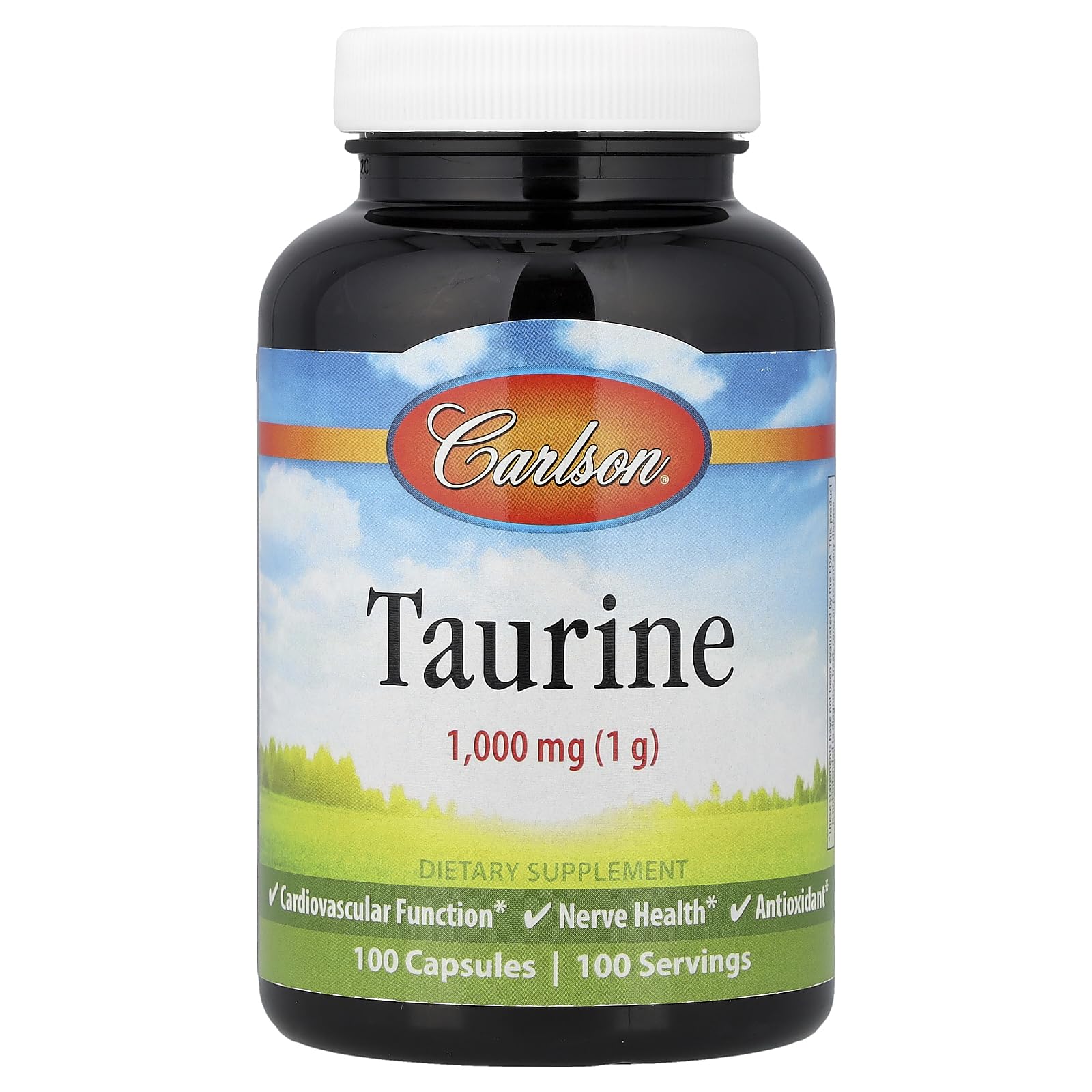 Carlson Taurina, botella vertiendo, posible apoyo a la función nerviosa y salud ocular.