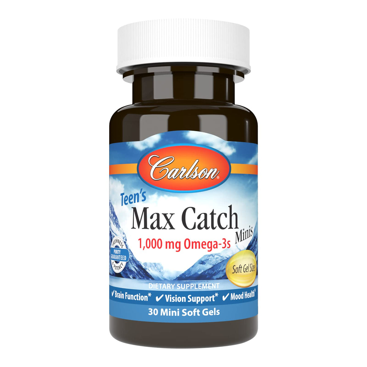 Carlson Teen Max Catch Minis en botella, cápsulas fáciles de tragar para apoyo cerebral.