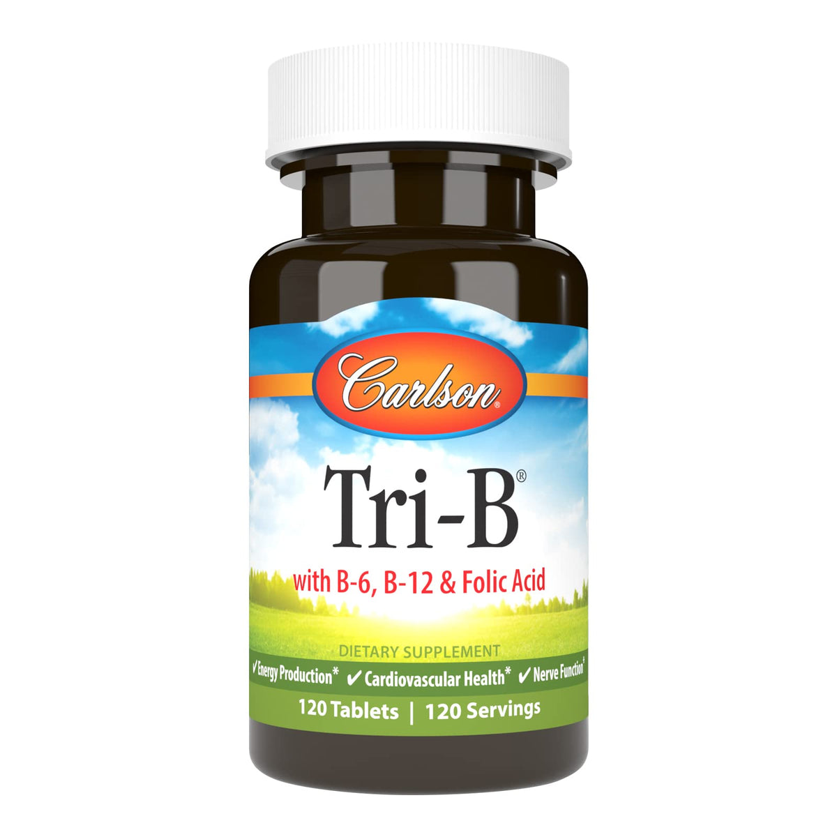 Carlson Tri-B: botella con etiqueta, posible apoyo a la energía diaria.