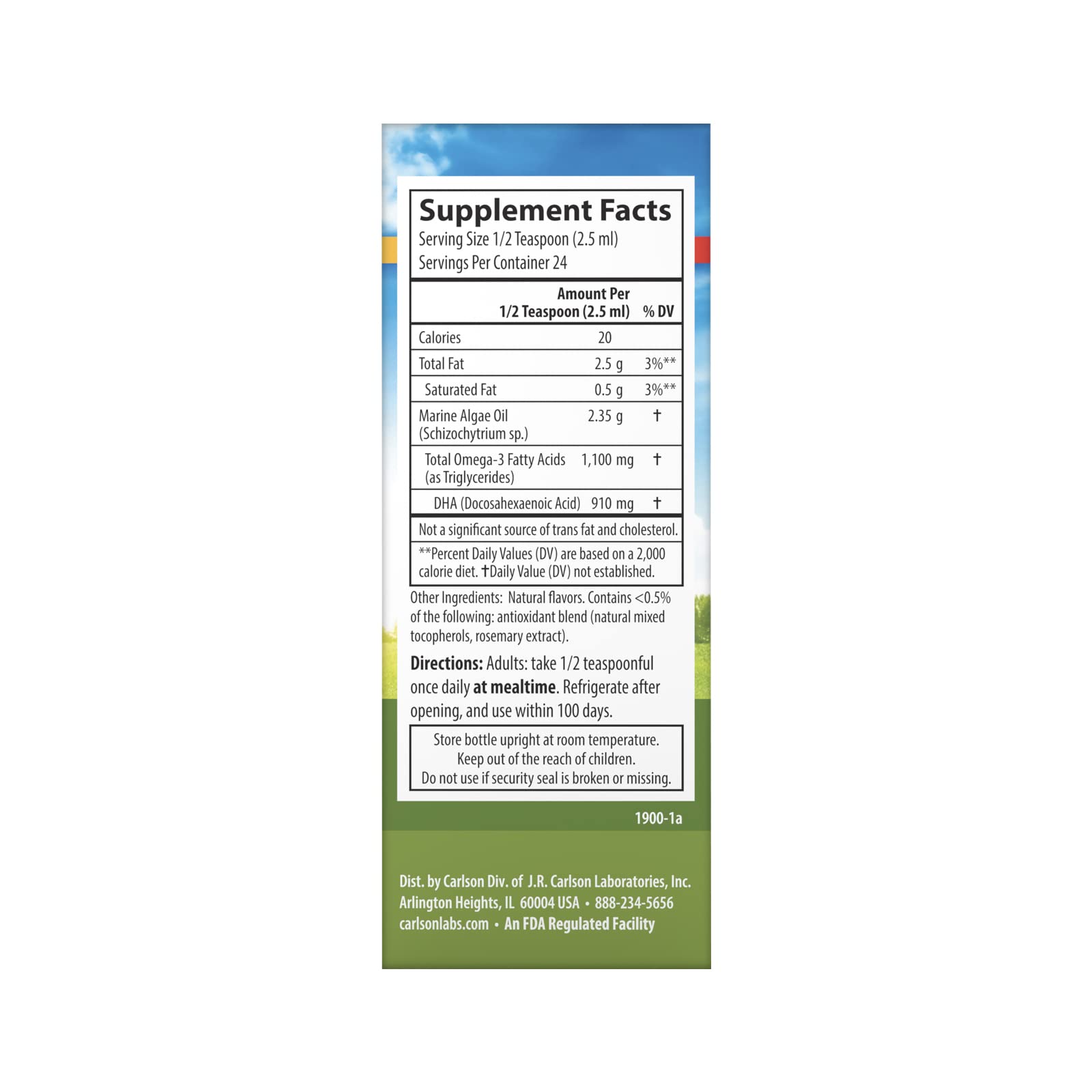 Carlson Vegetarian DHA 910 mg por media cucharadita, dosis práctica.
