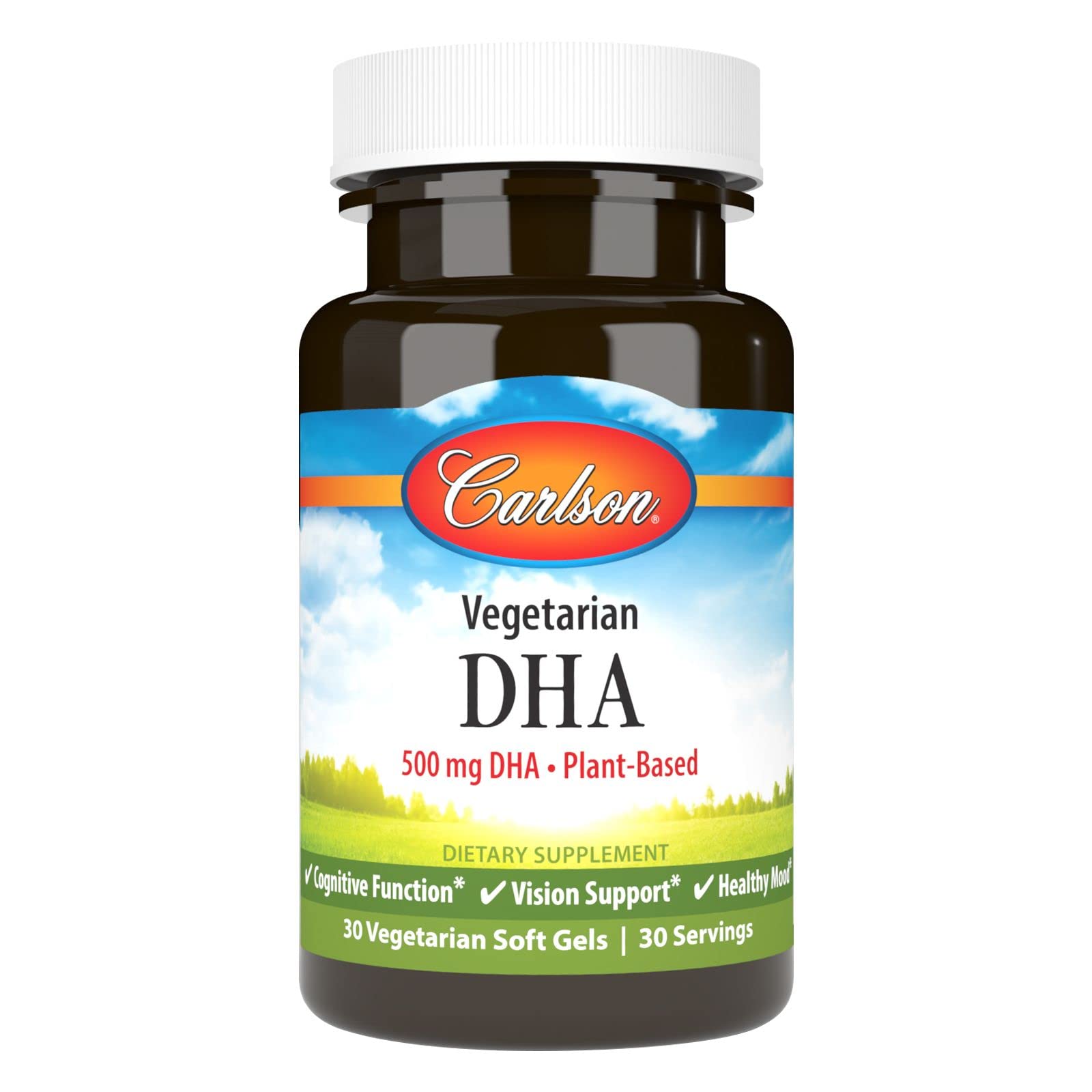 Carlson DHA vegetariano, botella frontal, apoya el bienestar diario con omega-3 de algas.