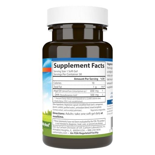 Carlson DHA vegetariano, cápsulas, dosis diaria de omega-3 para plantas.