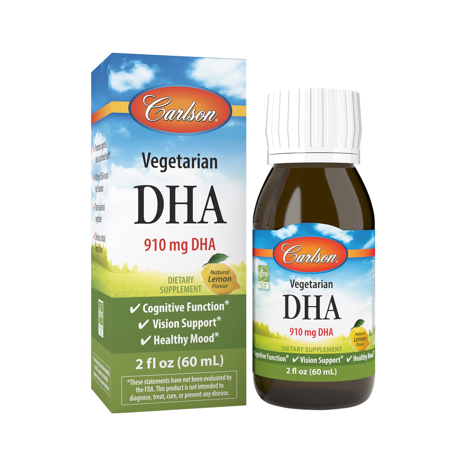 Carlson Vegetarian DHA con sabor limón, apto para batidos y yogur.