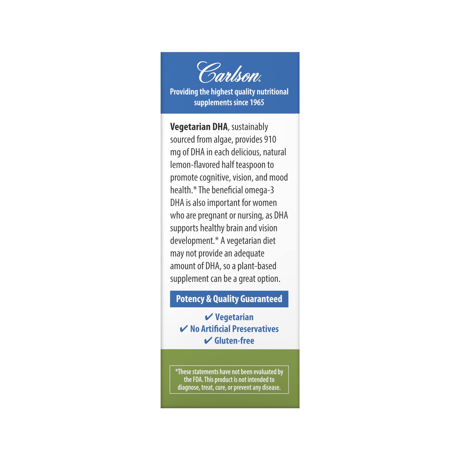 Carlson Vegetarian DHA con sabor limón natural, ideal para consumo diario.