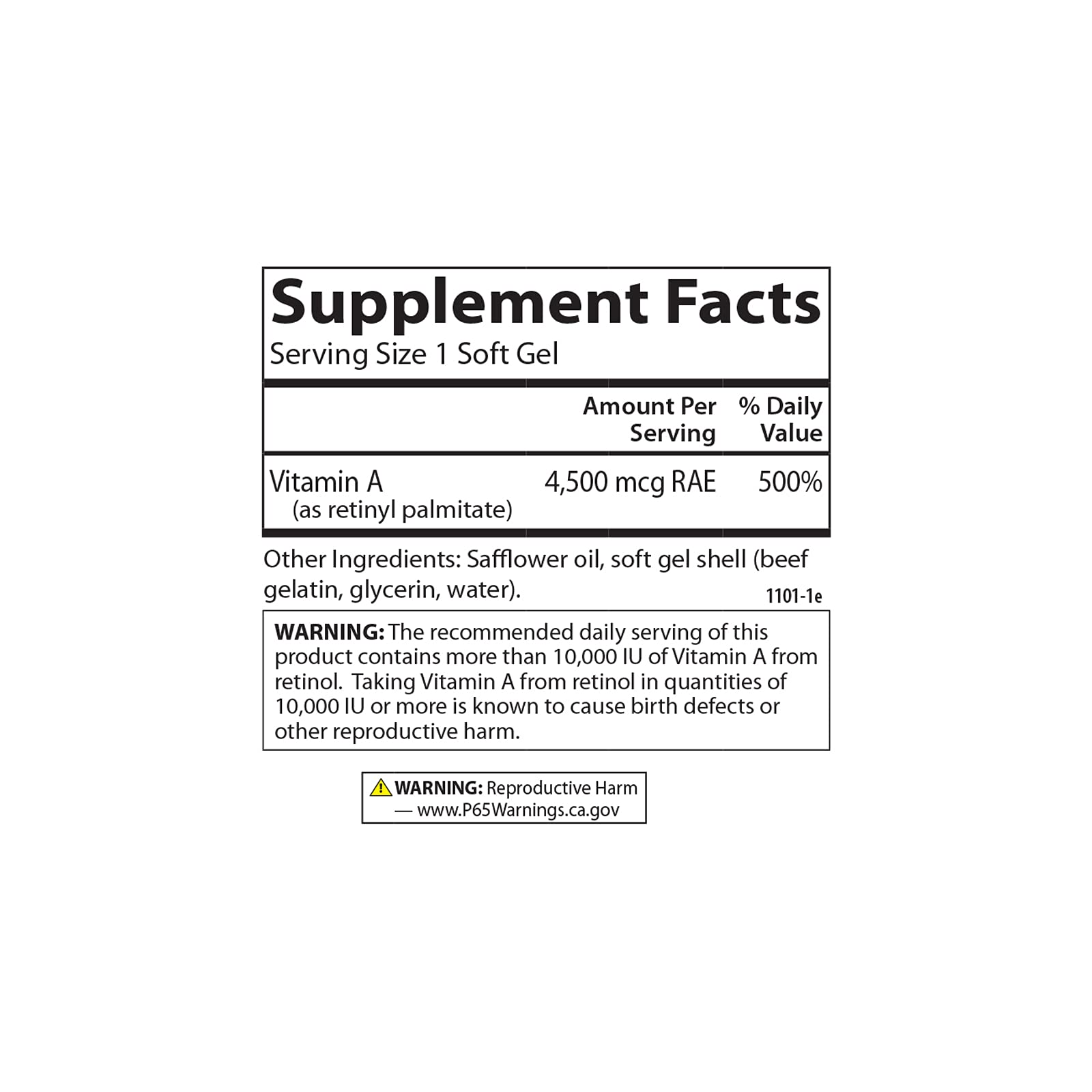 Carlson Vitamina A Palmitato - etiqueta clara, destaca potencia y pruebas de laboratorio.