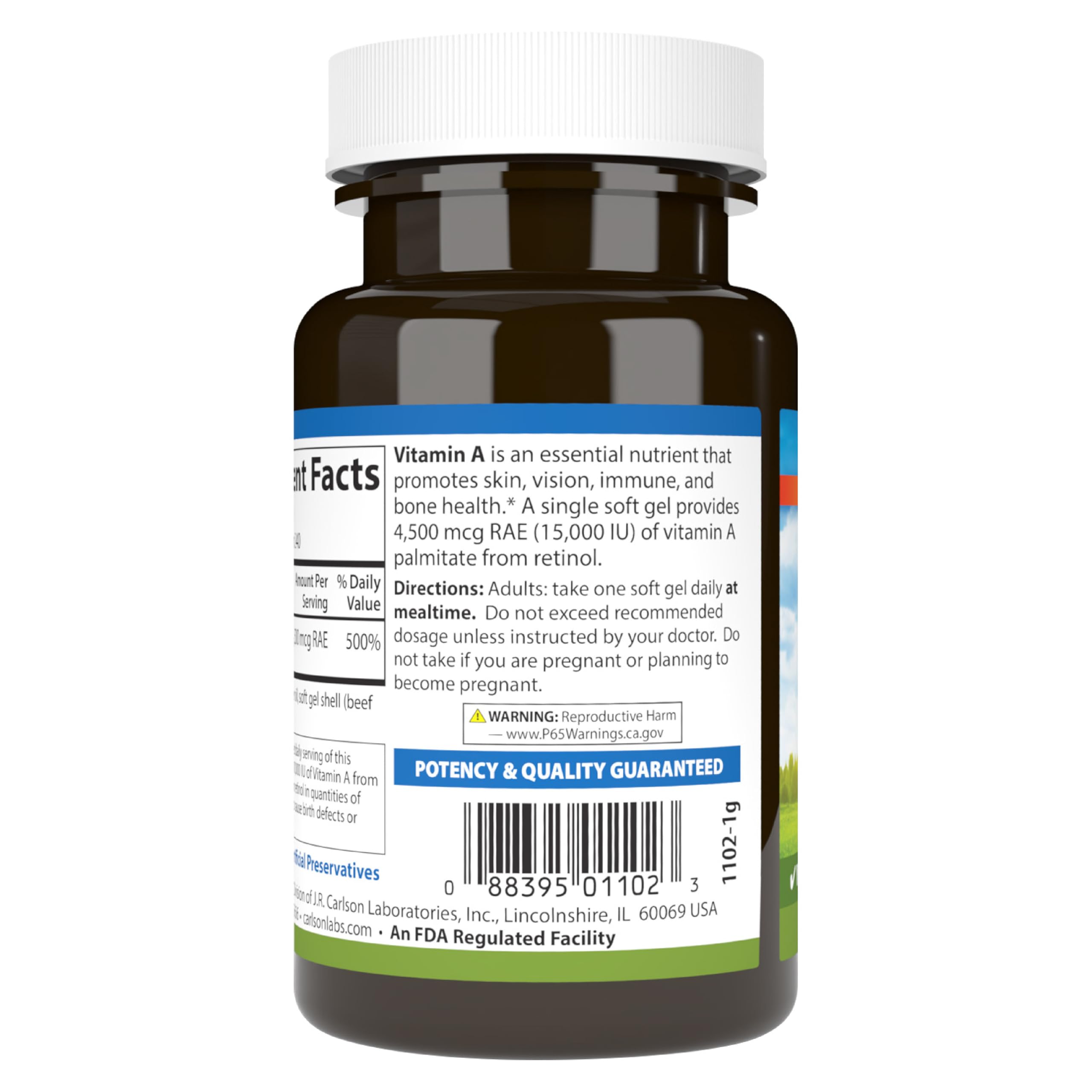 Uso diario recomendado de Carlson Vitamina A para apoyo general de salud.