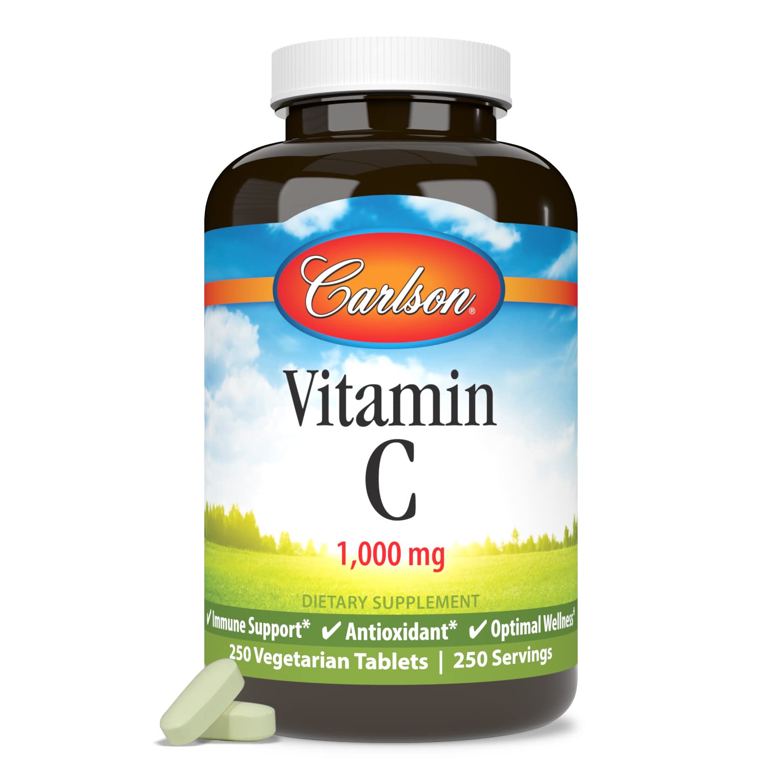 Carlson Vitamina C 1000 mg, caja informativa con detalles de ingredientes y uso.
