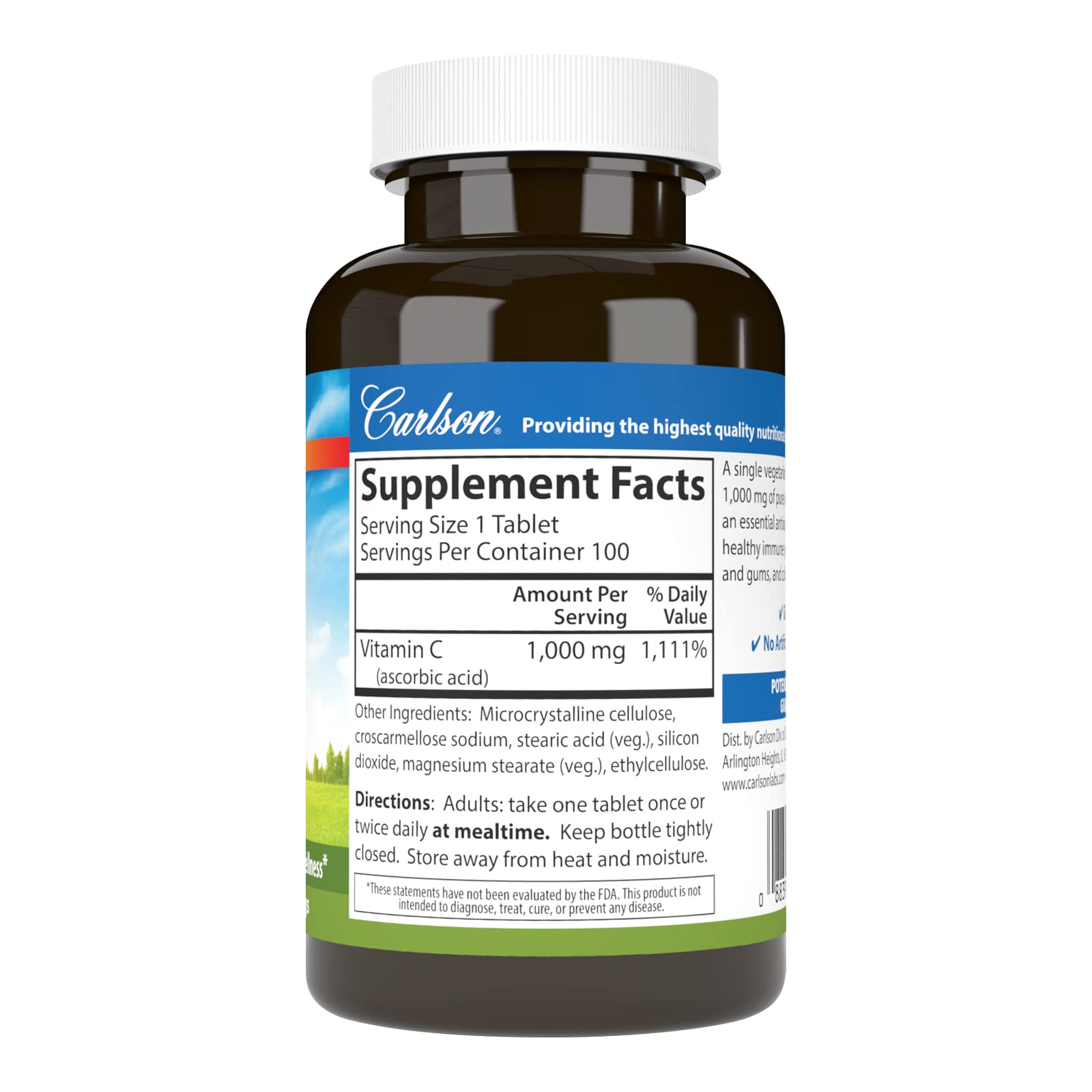 Carlson Vitamina C 1000 mg envase: dosis diaria conveniente para la salud bucal.